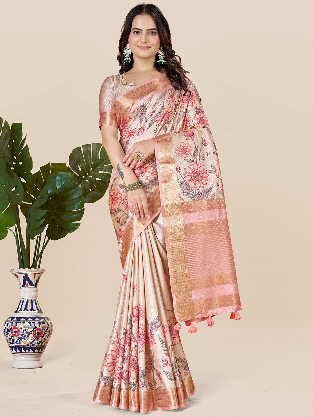 

ETHNIC TODAY Floral Zari Art Silk Saree, Rose