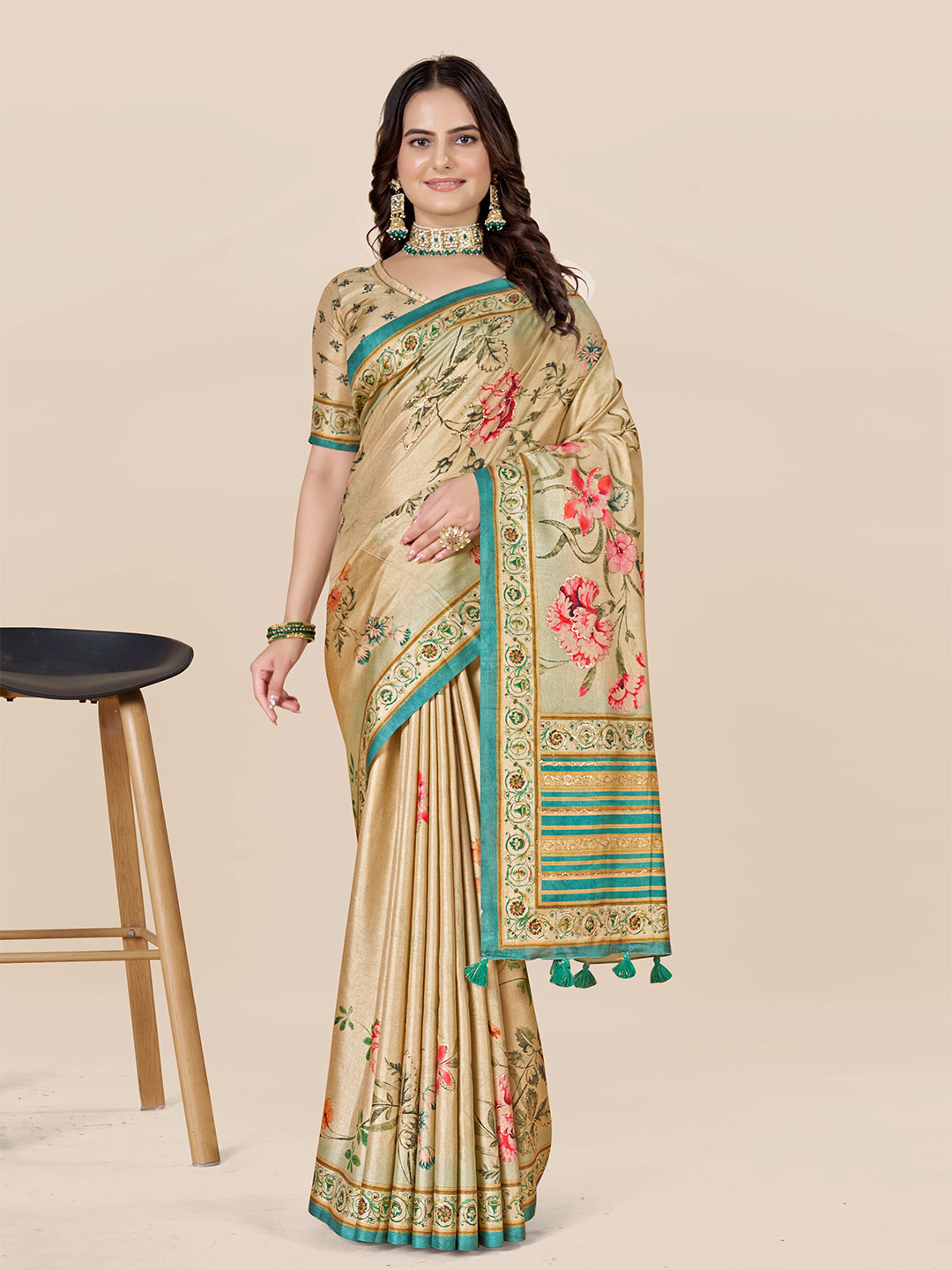 

ETHNIC TODAY Floral Art Silk Saree, Turquoise blue