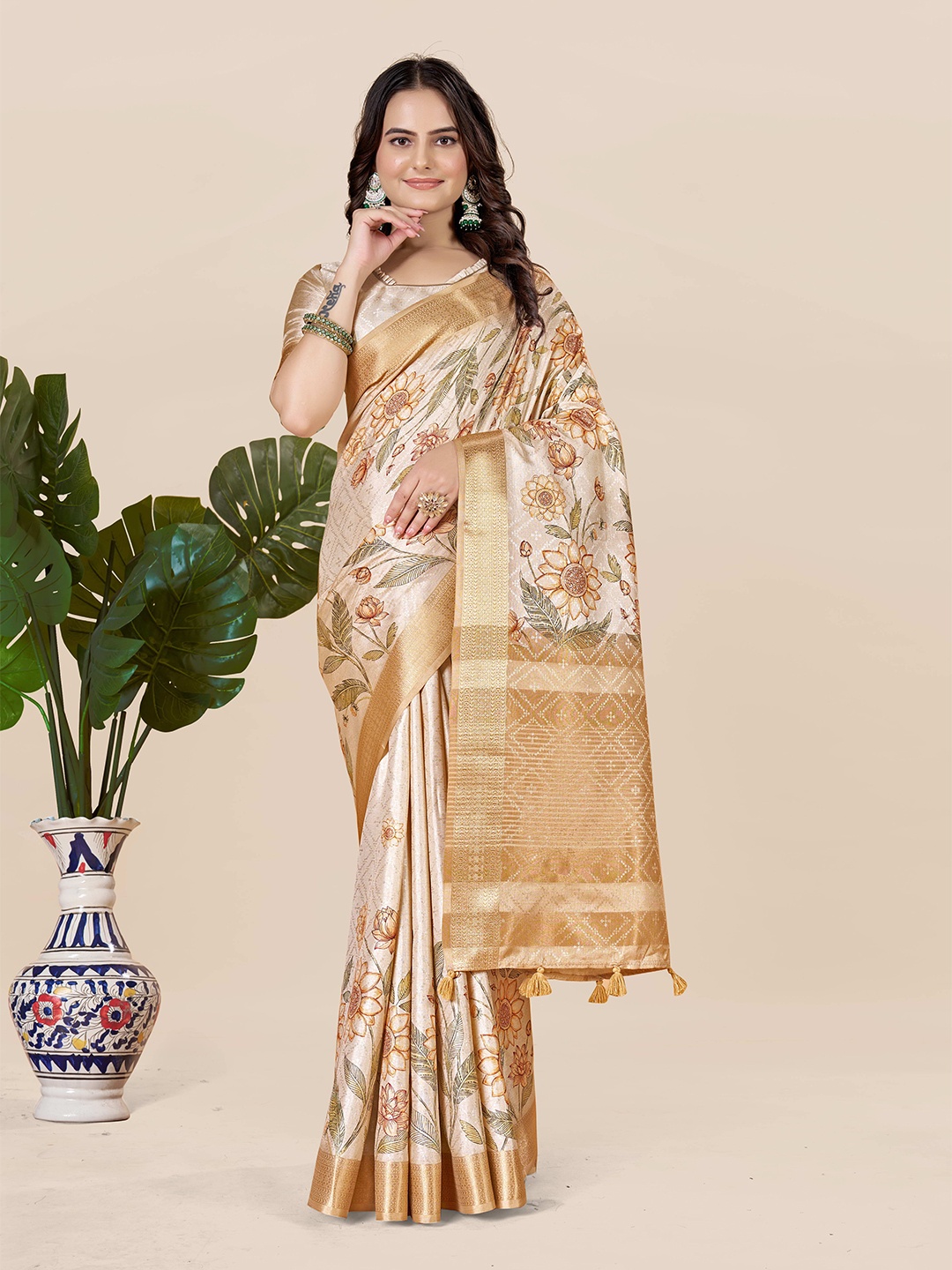 

ETHNIC TODAY Floral Zari Art Silk Saree, Camel brown