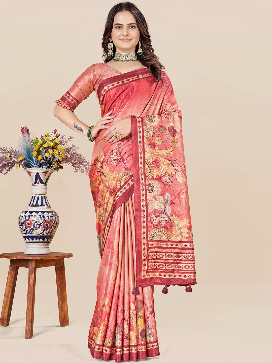 

ETHNIC TODAY Floral Art Silk Saree, Red