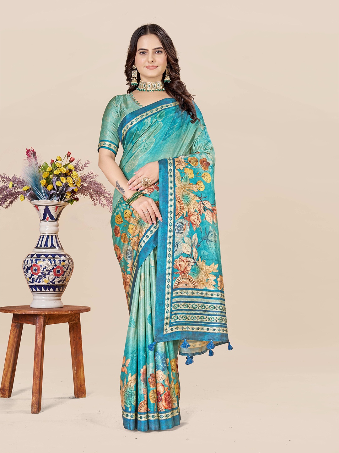 

ETHNIC TODAY Floral Art Silk Saree, Teal