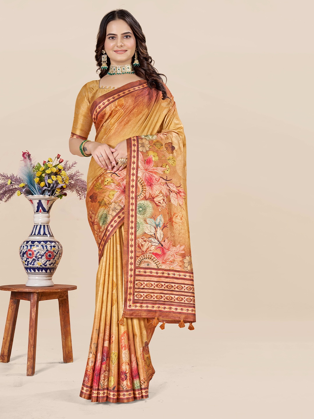 

ETHNIC TODAY Floral Art Silk Saree, Yellow