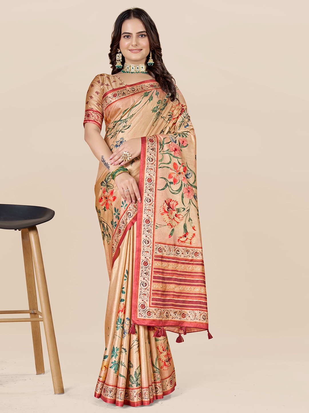 

ETHNIC TODAY Floral Art Silk Saree, Copper