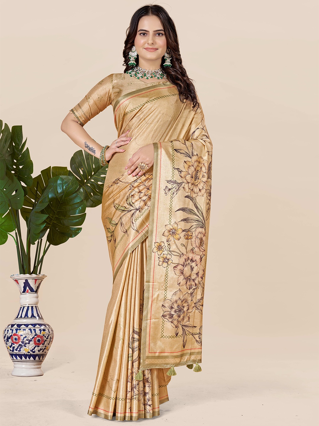 

ETHNIC TODAY Floral Art Silk Saree, Gold