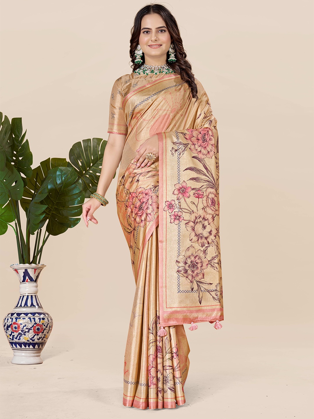 

ETHNIC TODAY Floral Art Silk Saree, Rose gold