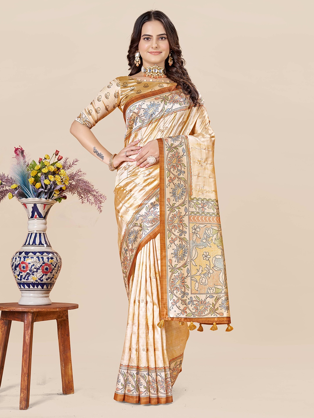 

ETHNIC TODAY Floral Zari Art Silk Saree, Brown