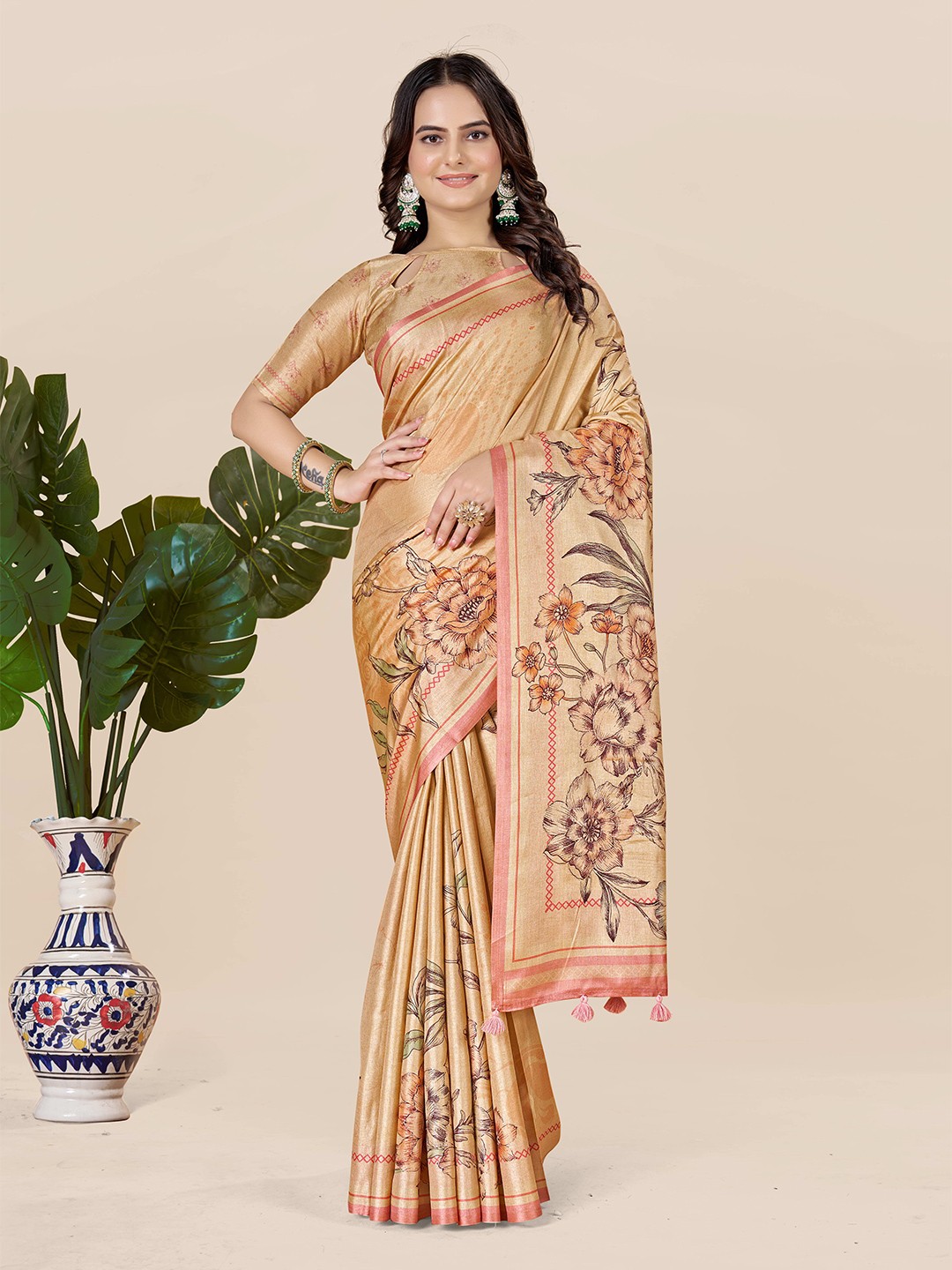 

ETHNIC TODAY Floral Art Silk Saree, Pink