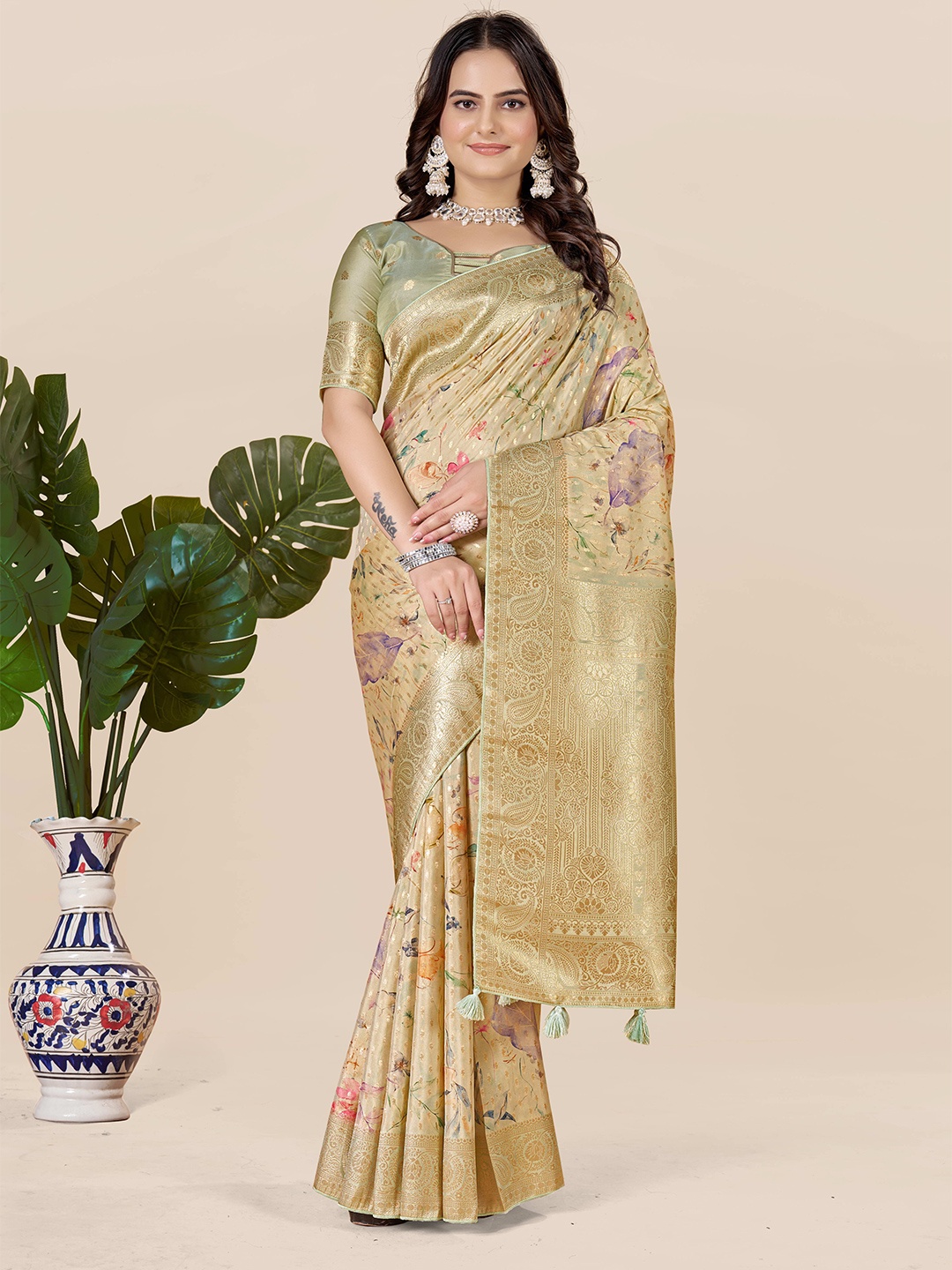 

ETHNIC TODAY Woven Design Zari Art Silk Tussar Saree, Cream