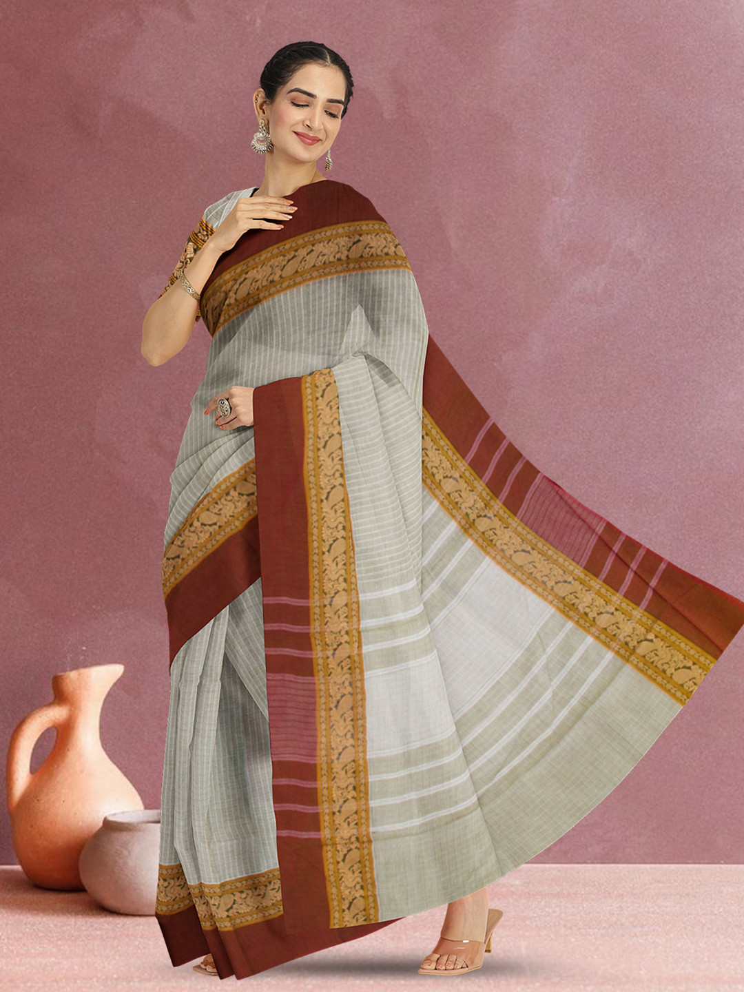 

Avishya Striped Zari Pure Cotton Saree, Grey