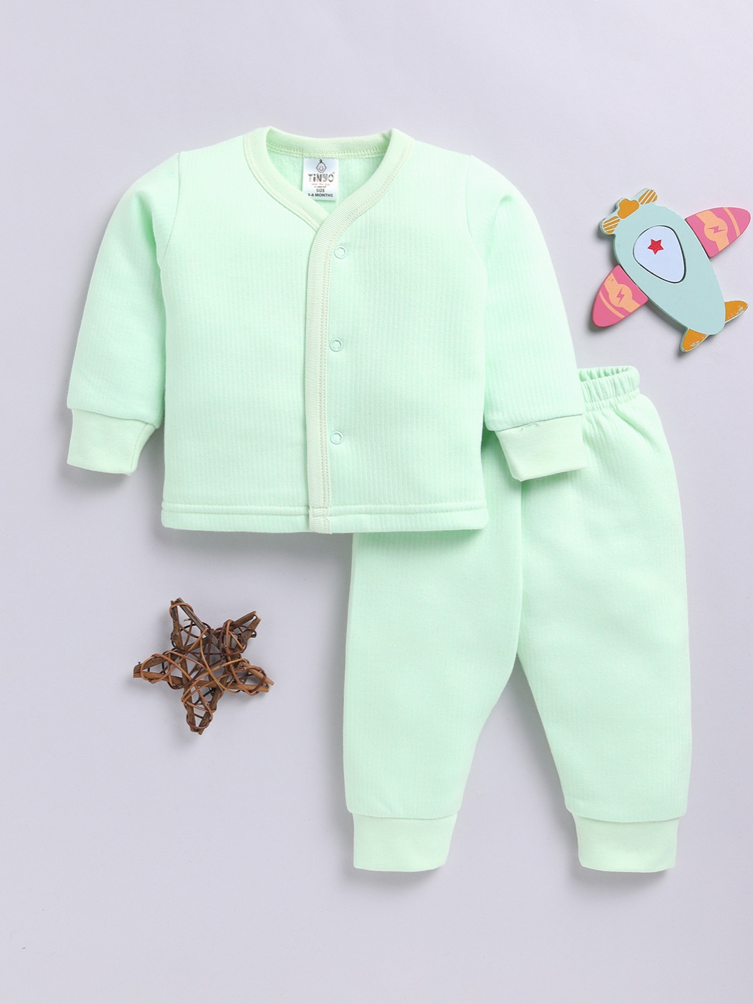

YK X Tinyo Infants Girls Thermal Striped Shirt and Joggers, Green
