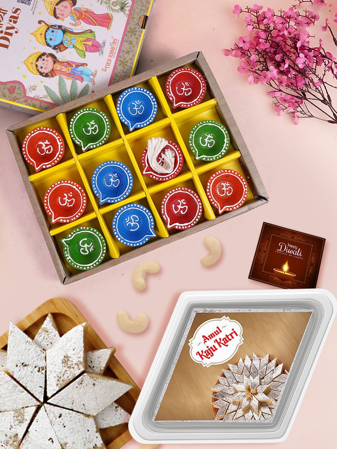 

TIED RIBBONS Kaju Katli With Diyas 200G, White