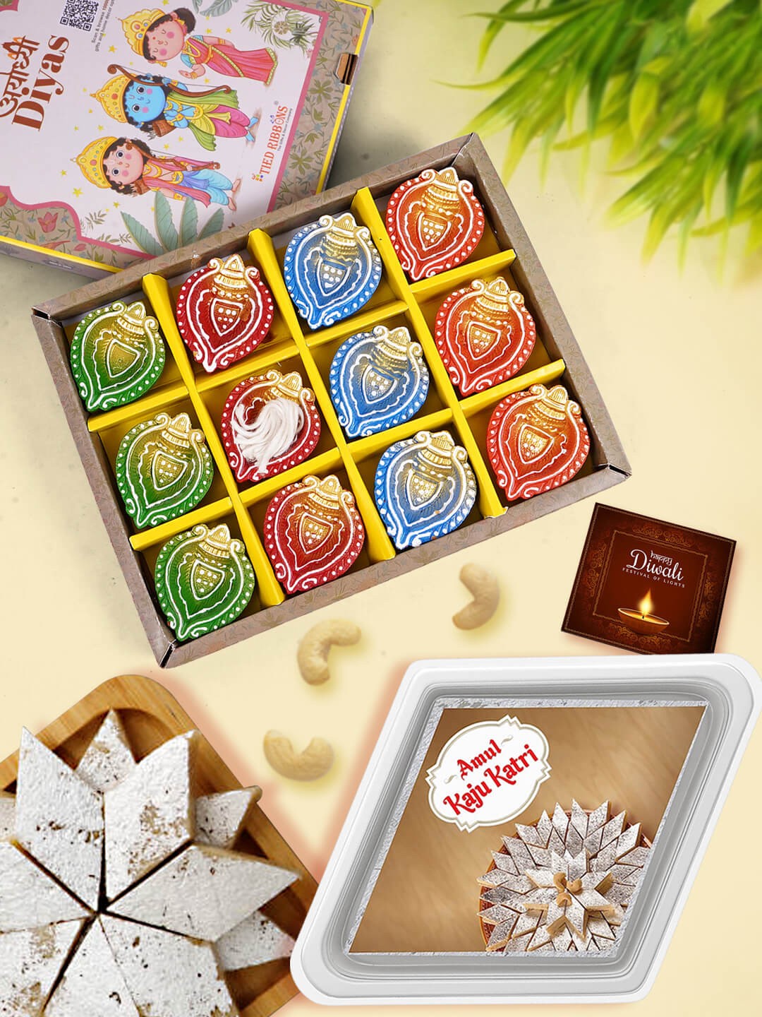 

TIED RIBBONS Kaju Katli With Diyas 200G, White