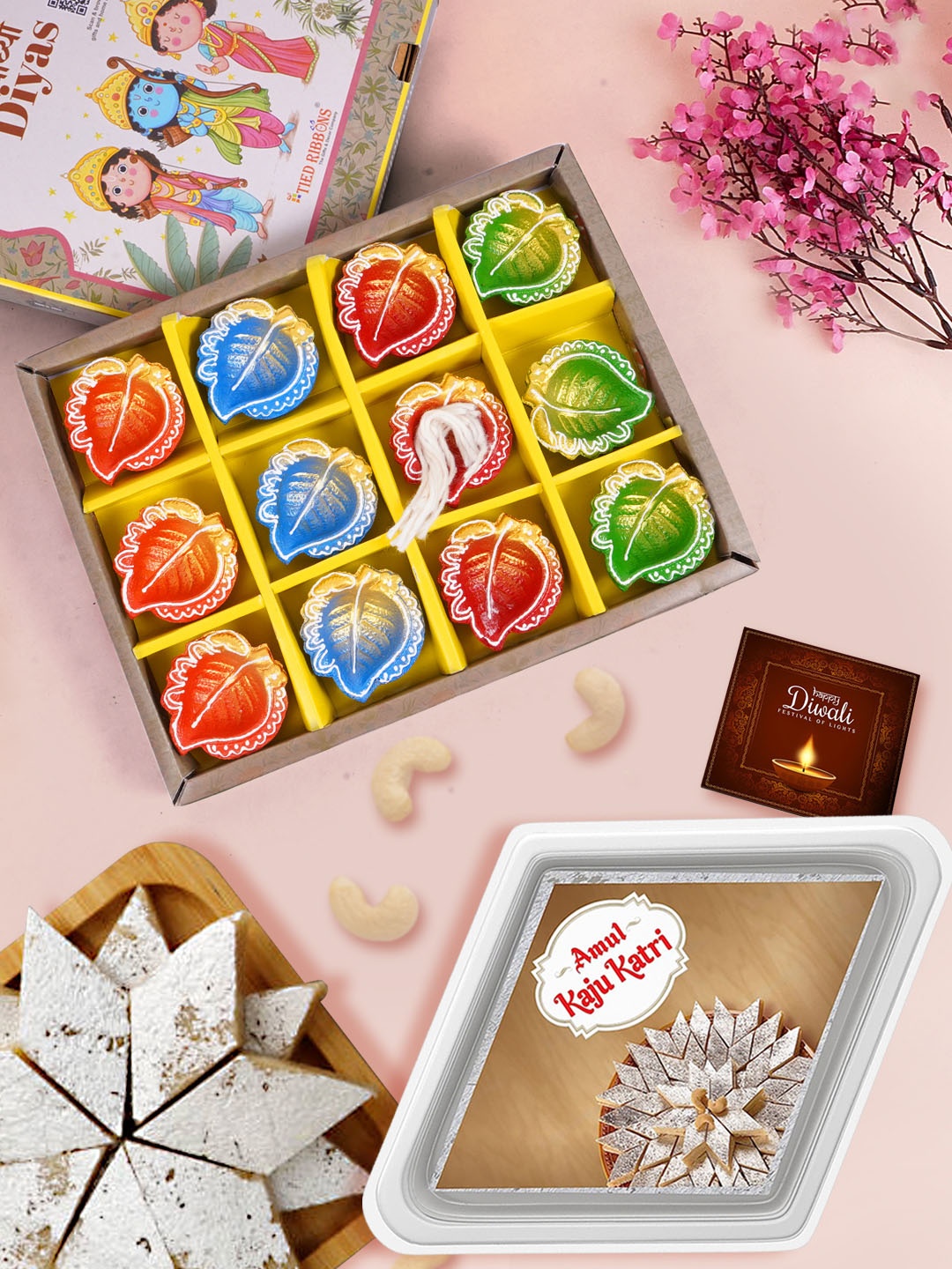 

TIED RIBBONS Kaju Katli With Diyas 200G, White