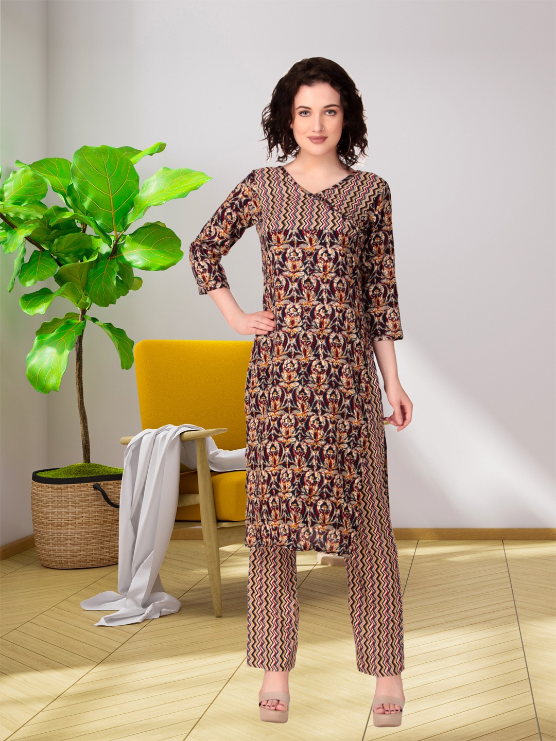 

Magnetism Jaipuri Traditional Print Kurta Set with Detachable Linning, Red