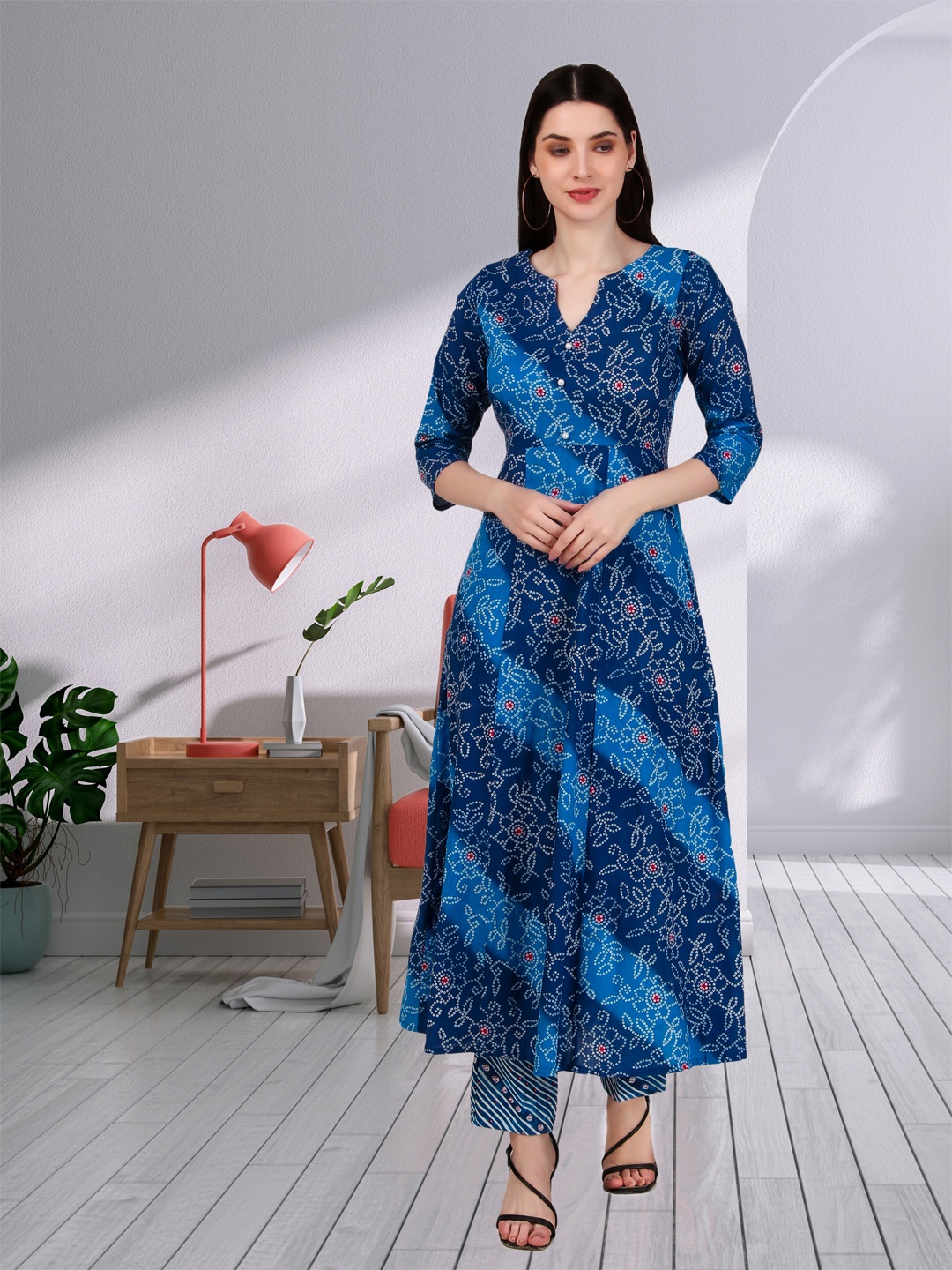 

Magnetism Jaipuri Traditional Bandhani Print Anarkali Set with Detachable Linning, Blue