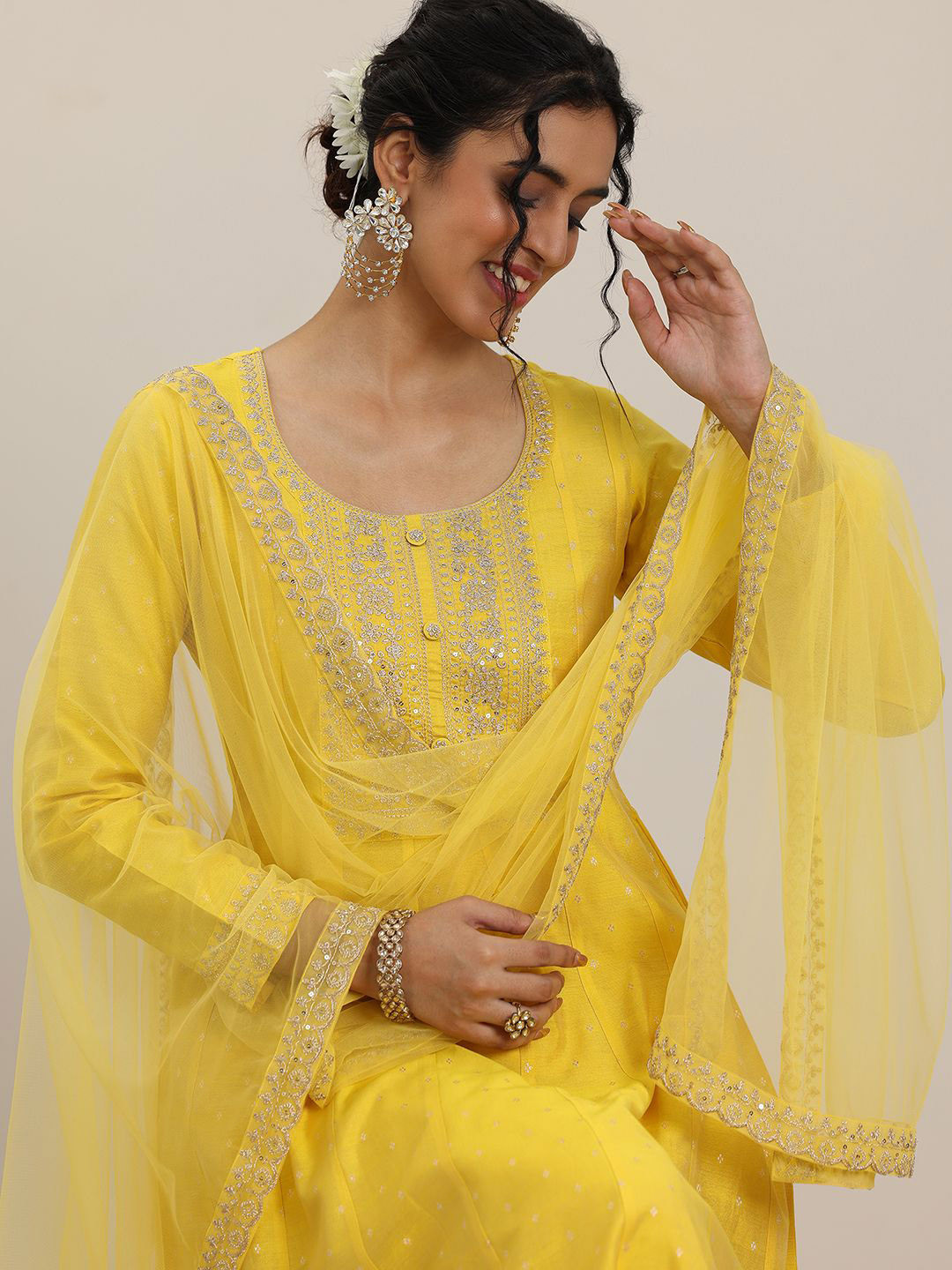 

Libas Embroidered Panelled Chanderi Silk A-Line Kurta with Trouser & Dupatta, Yellow