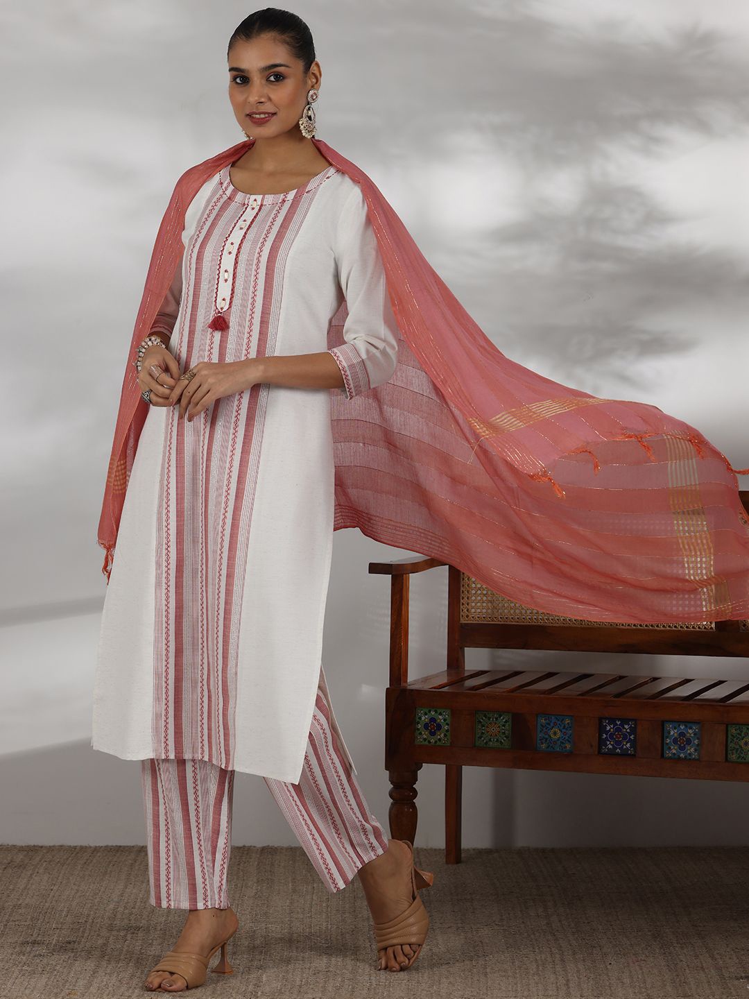 

Libas Printed Panelled Kurta With Trousers & Dupatta, Off white