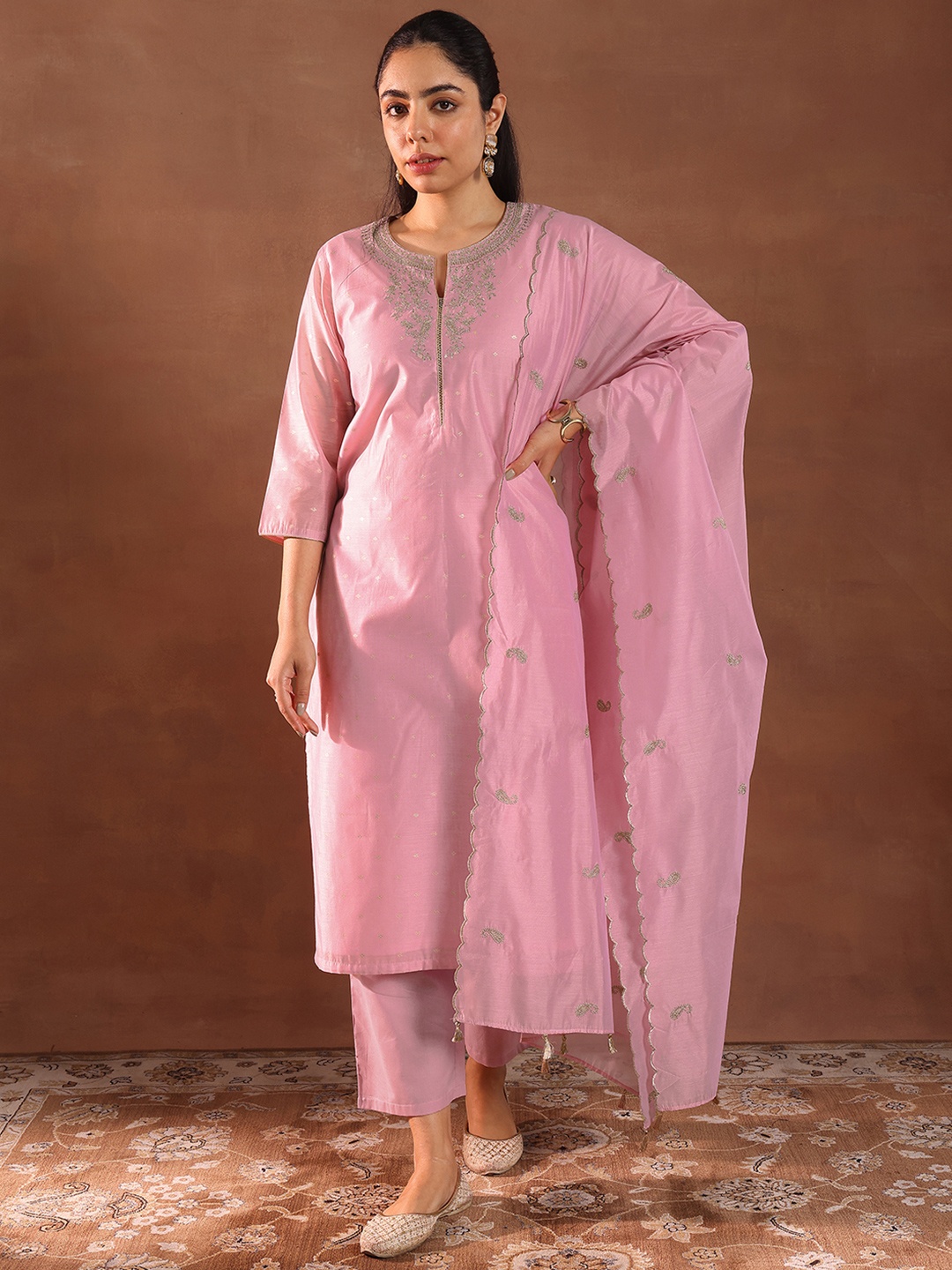 

Libas Women Floral Embroidered Notch Neck Chanderi Silk Kurta with Palazzos & Dupatta, Pink