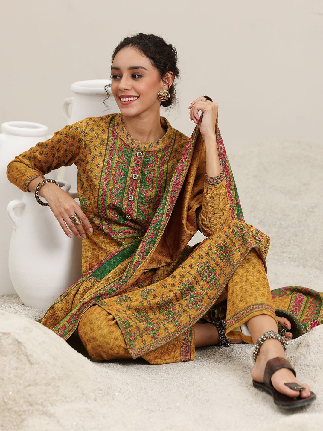 

Libas Floral Printed Kurta With Trousers & Dupatta, Mustard