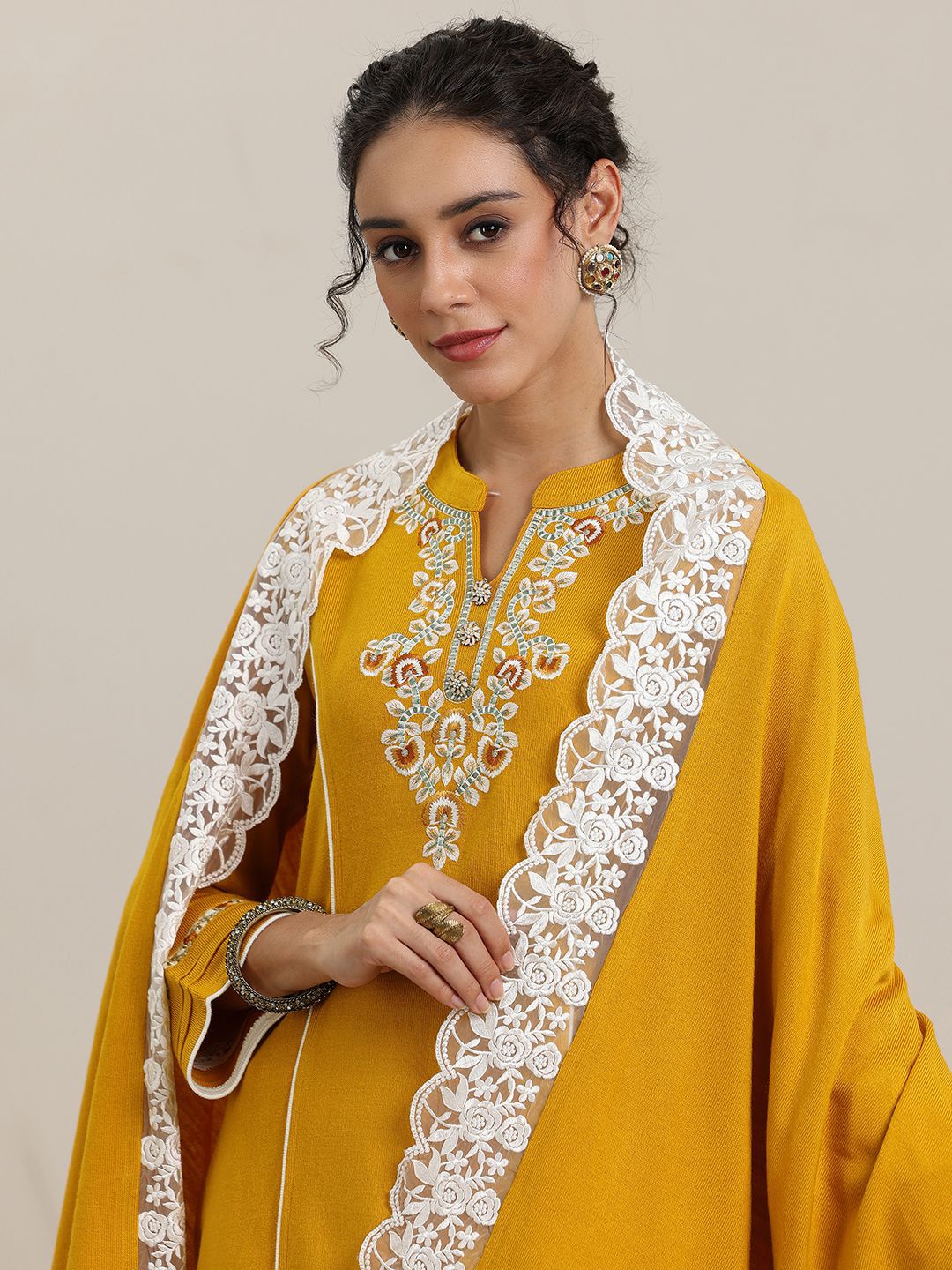 

Libas Yoke Design Panelled Thread Work Straight Kurta with Trouser & Dupatta, Mustard