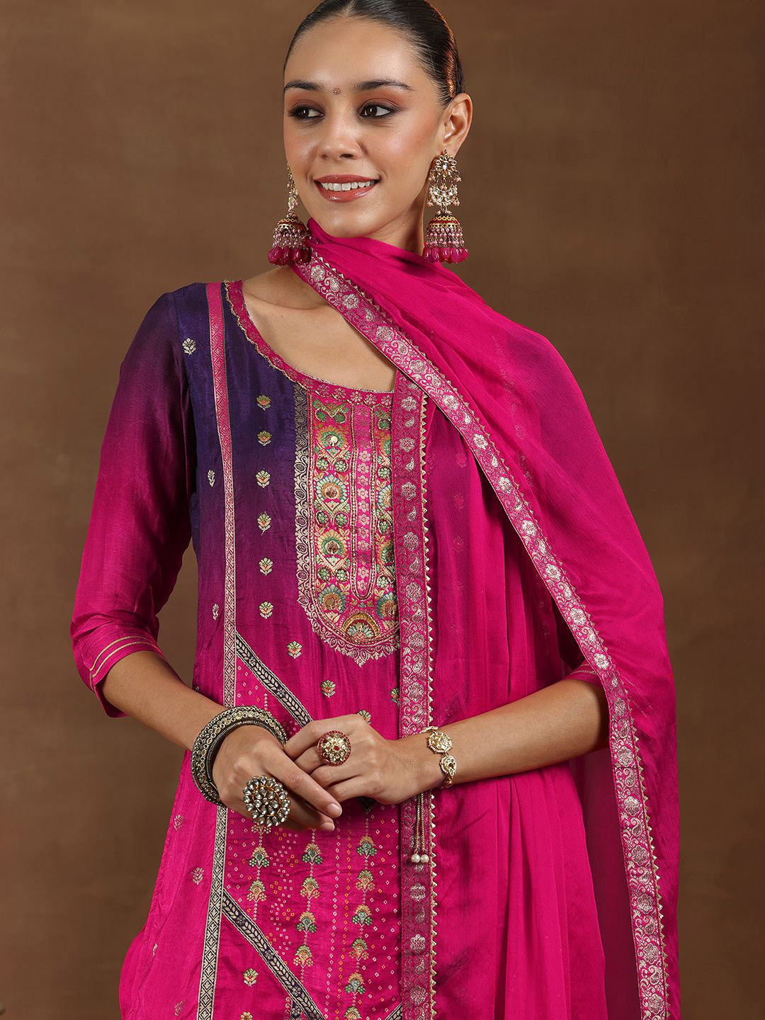 

Libas Floral Woven Design Round Neck Kurta with Trousers & Dupatta, Pink