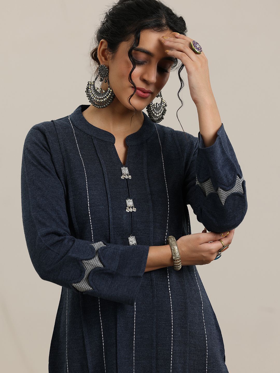 

Libas Embroidered Mandarin Collar Woollen Kurta, Grey