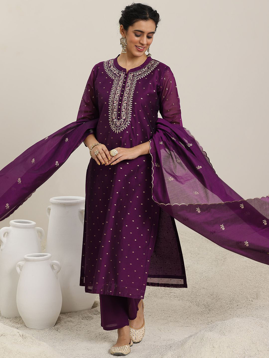 

Libas Ethnic Motifs Embroidered Kurta With Trousers & Dupatta, Burgundy
