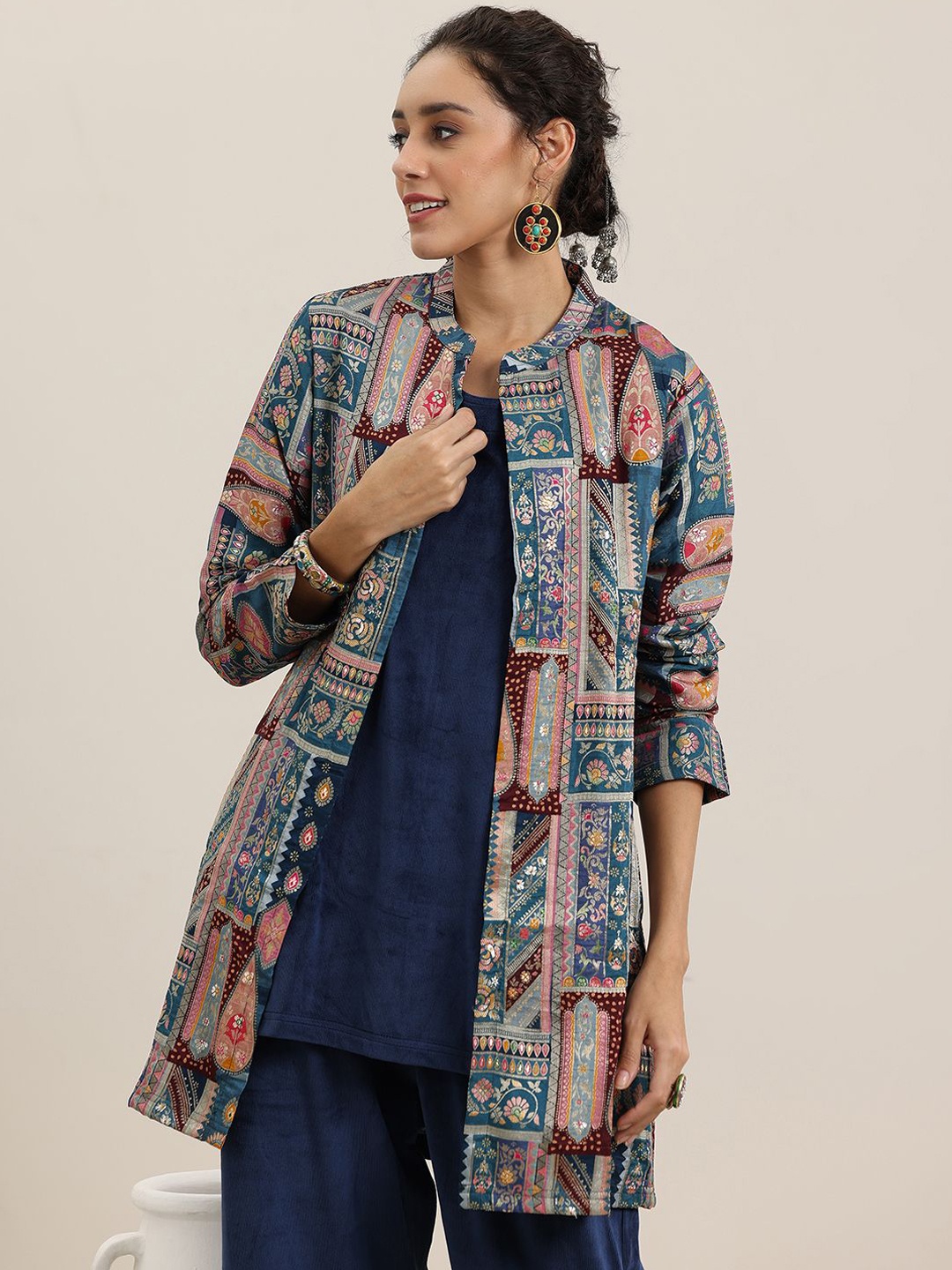 

Libas Round Neck Sleeveless Top With Palazzo With Printed Jacket, Blue