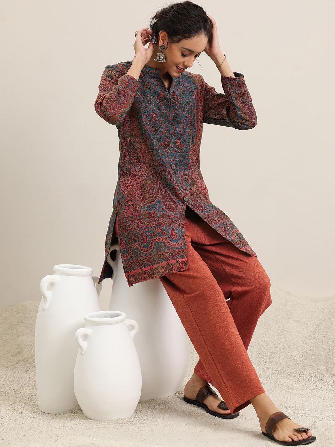 

Libas Paisley Woven Design straight Kurta With Palazzos, Rust