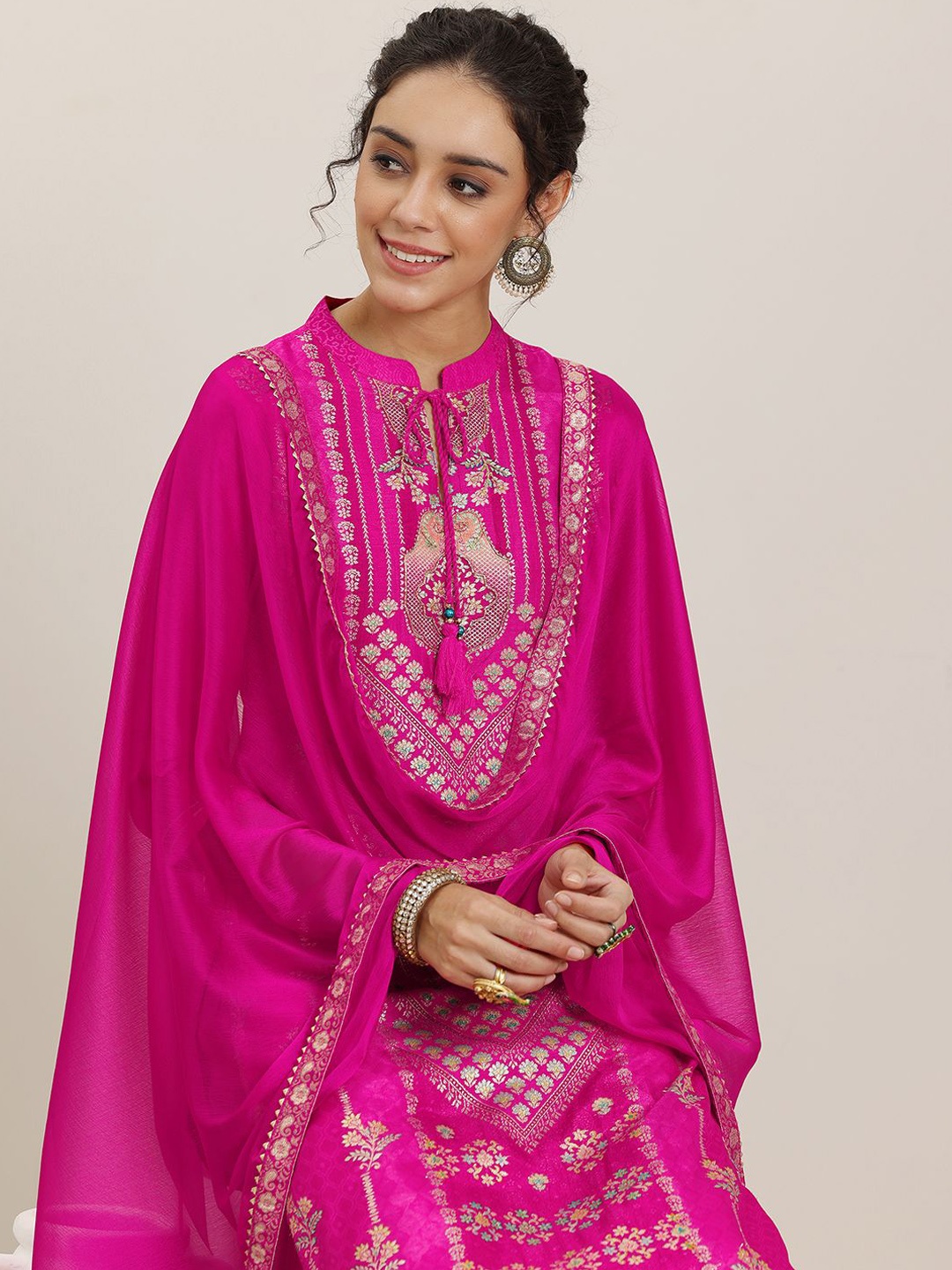 

Libas Floral Tie-Up Neck Gotta Patti Staright Kurta With Trousers & Dupatta, Pink