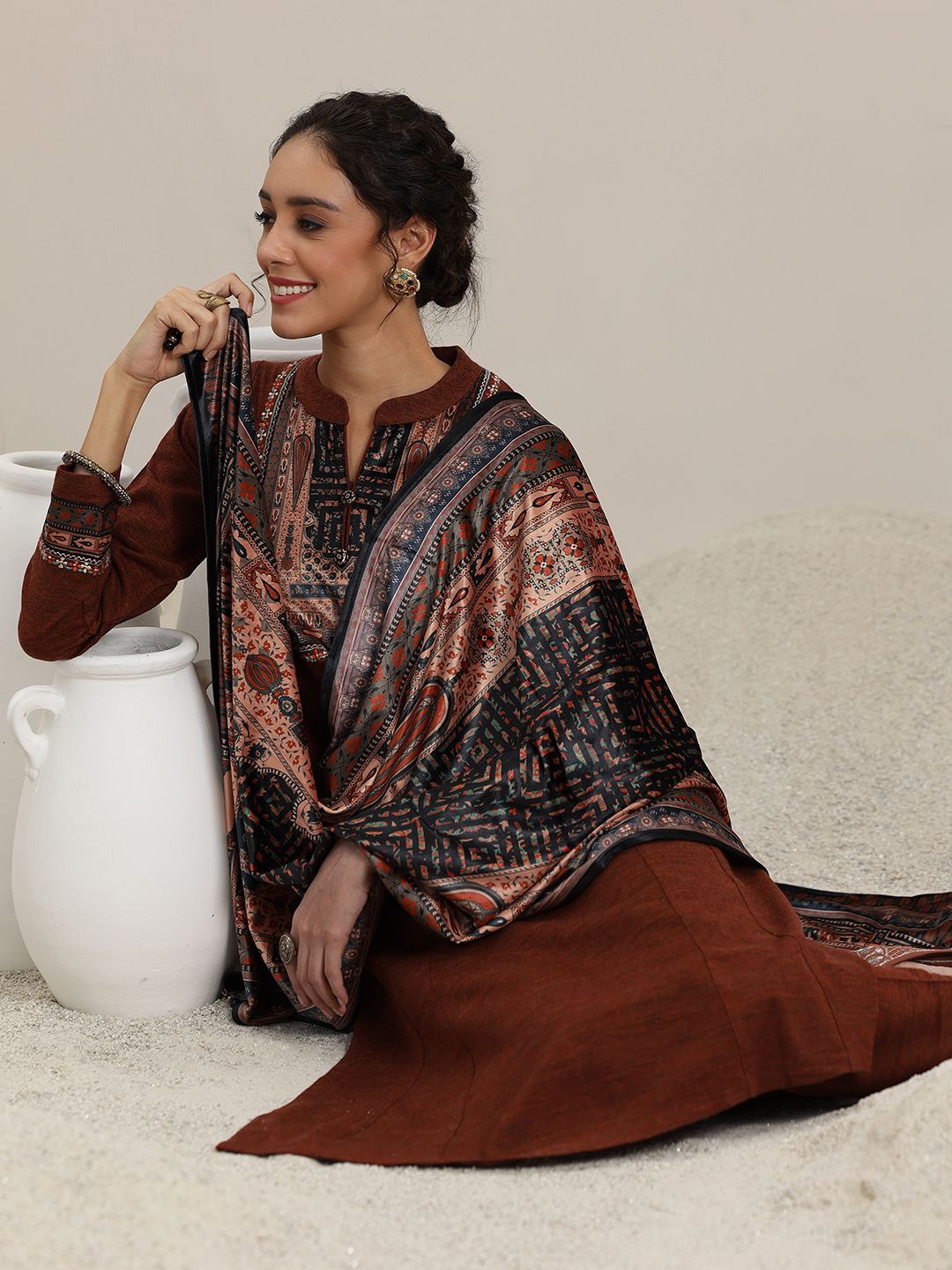 

Libas Floral Yoke Design Mandarin Collar Kurta With Trousers & Dupatta, Rust