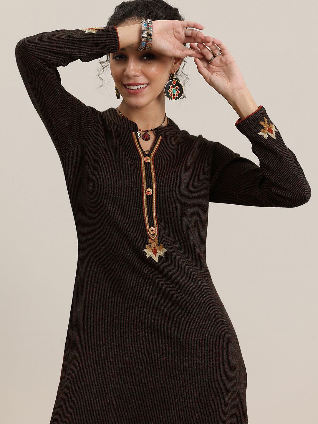 

Libas Floral Embroidered Mandarin Collar Woollen Kurta, Black