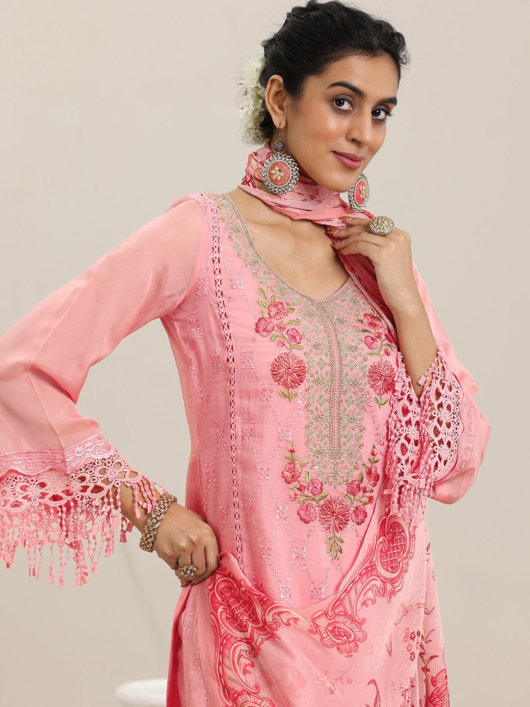 

Libas Floral Embroidered Panelled Kurta With Trousers & Dupatta, Pink