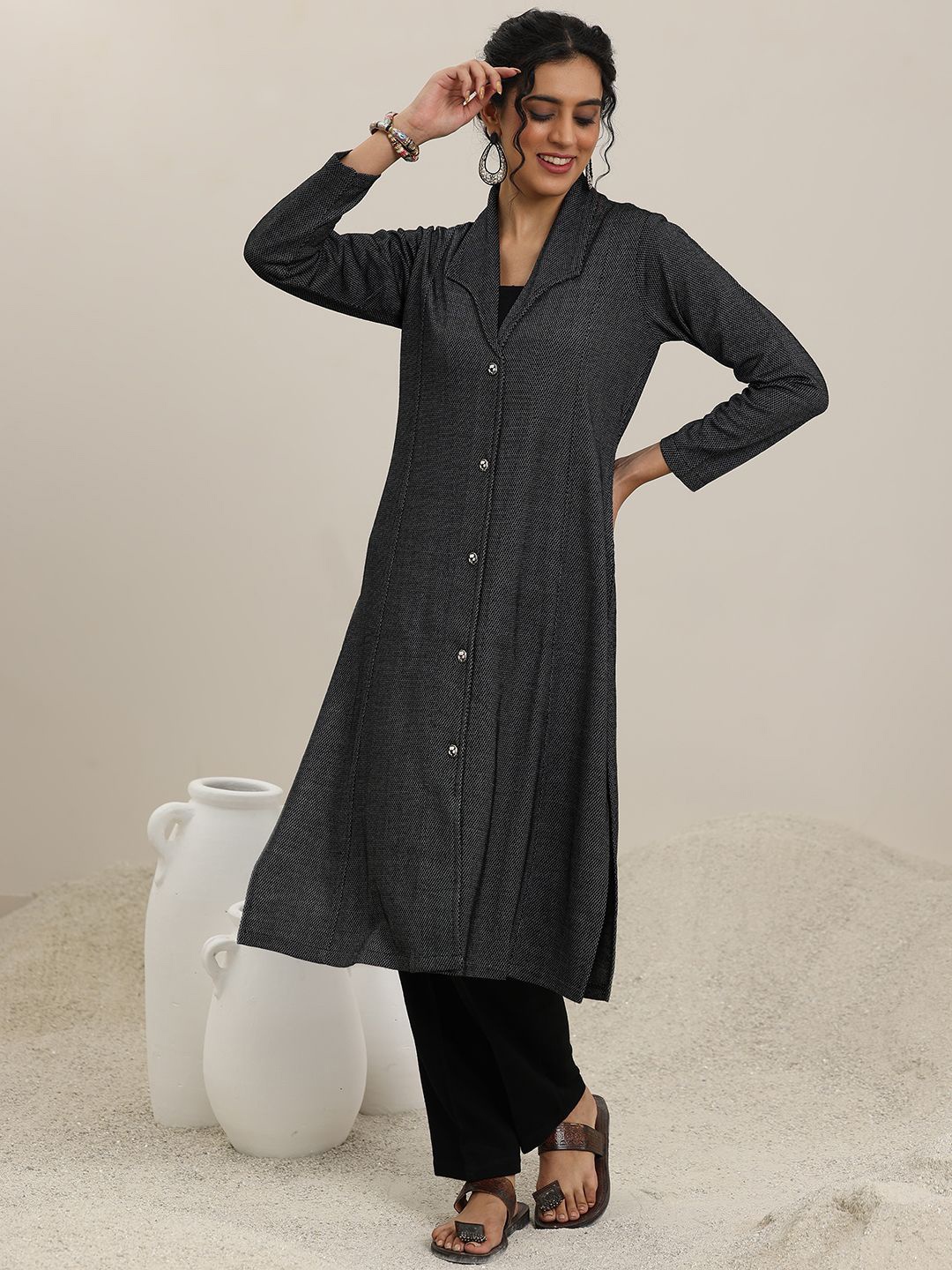 

Libas Woven Design Shirt Collar Panelled Woollen Straight Kurta, Black
