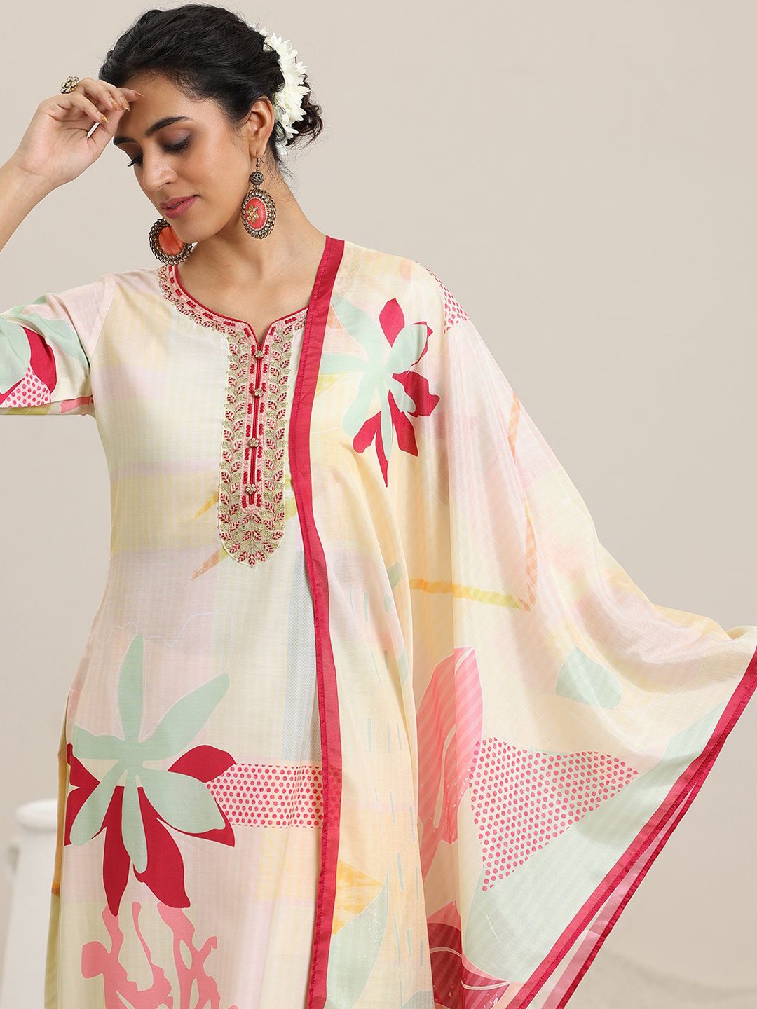 

Libas Floral Printed Straight Kurta With Trousers & Dupatta, Cream