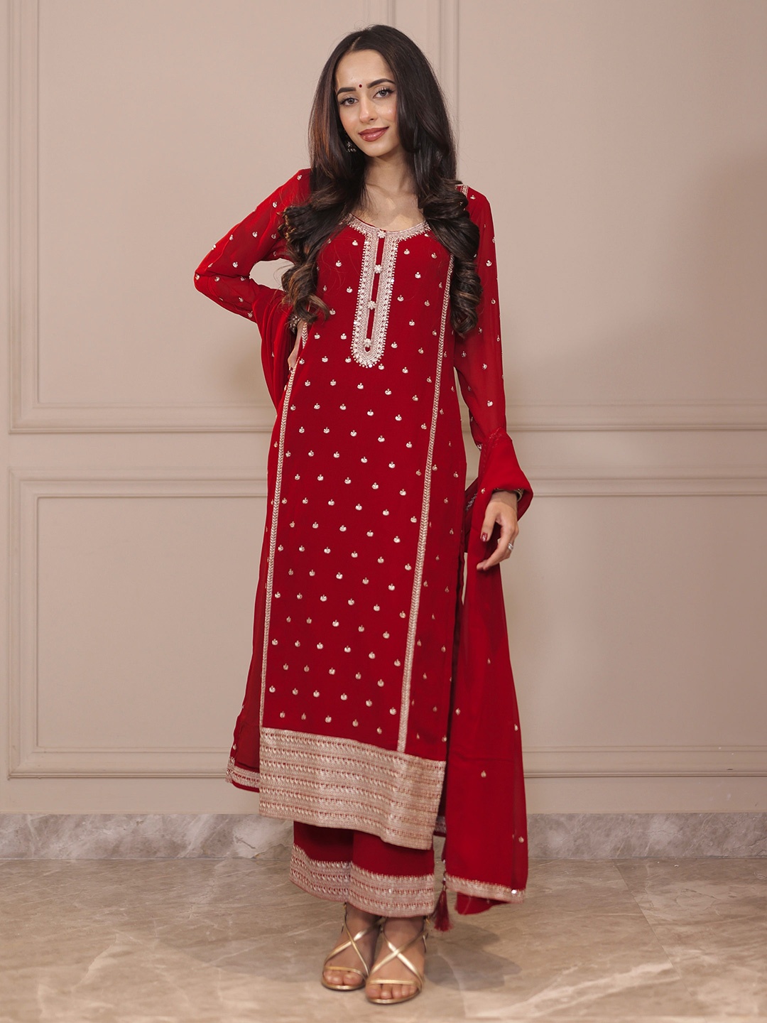 Libas Floral Zari Embroidered Round Neck Georgette Kurta with Trouser & Dupatta, Red