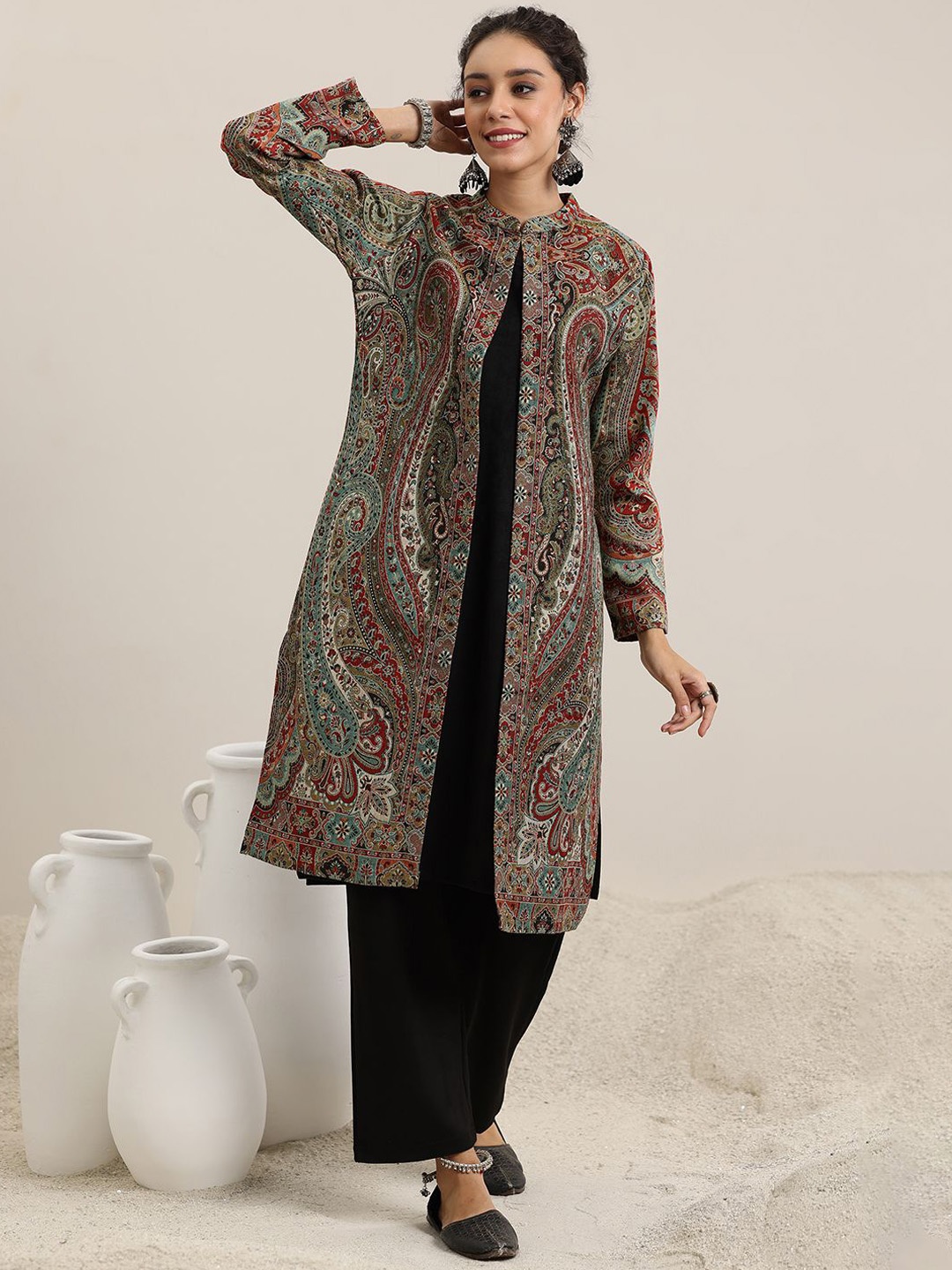 Libas Ethnic Motifs Woven Design Thread Work Kurta with Trousers, Black