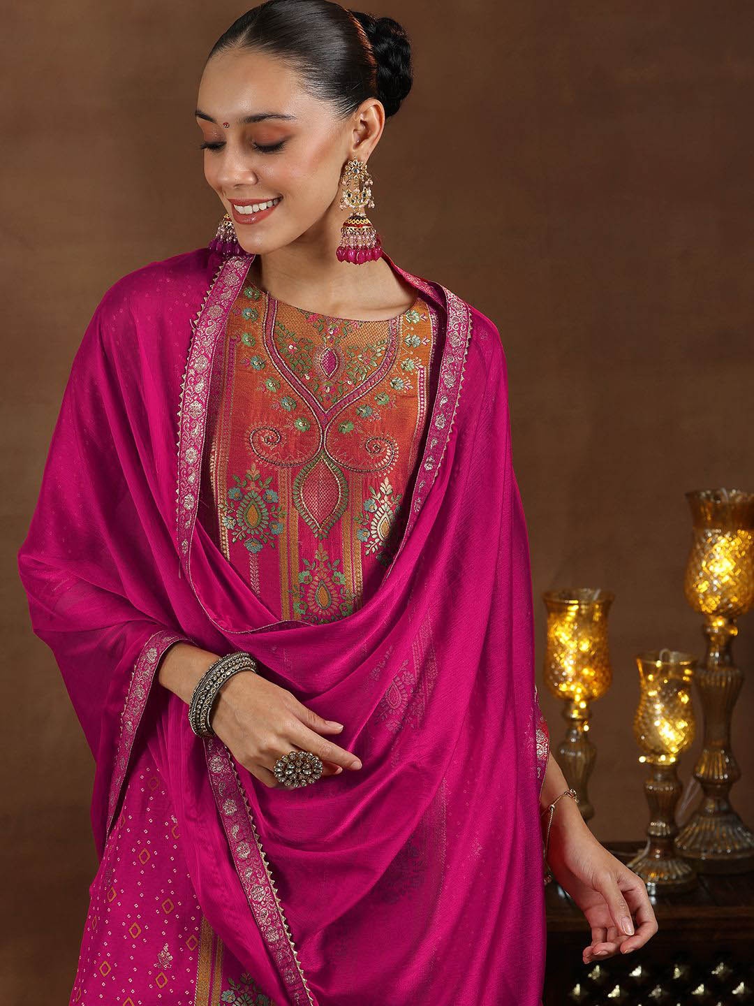 

Libas Pink Floral Woven Design Straight Kurta with Trousers & Dupatta