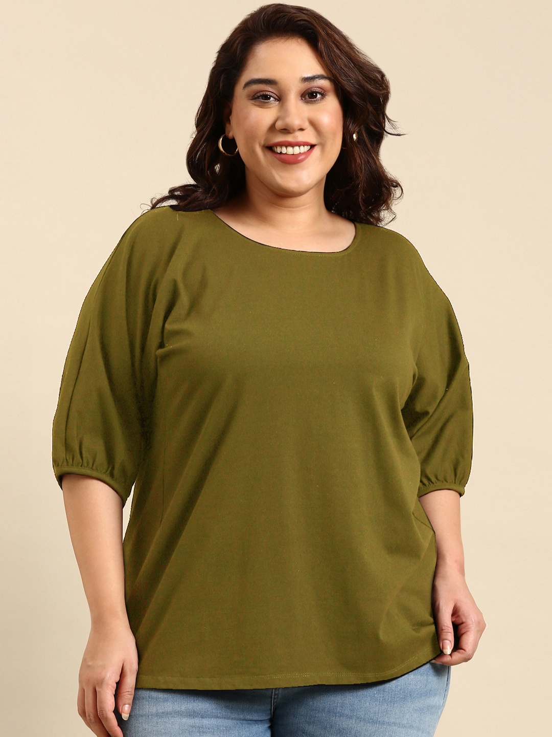 

The Pink Moon Women Puff Sleeves Cut Outs T-shirt, Olive