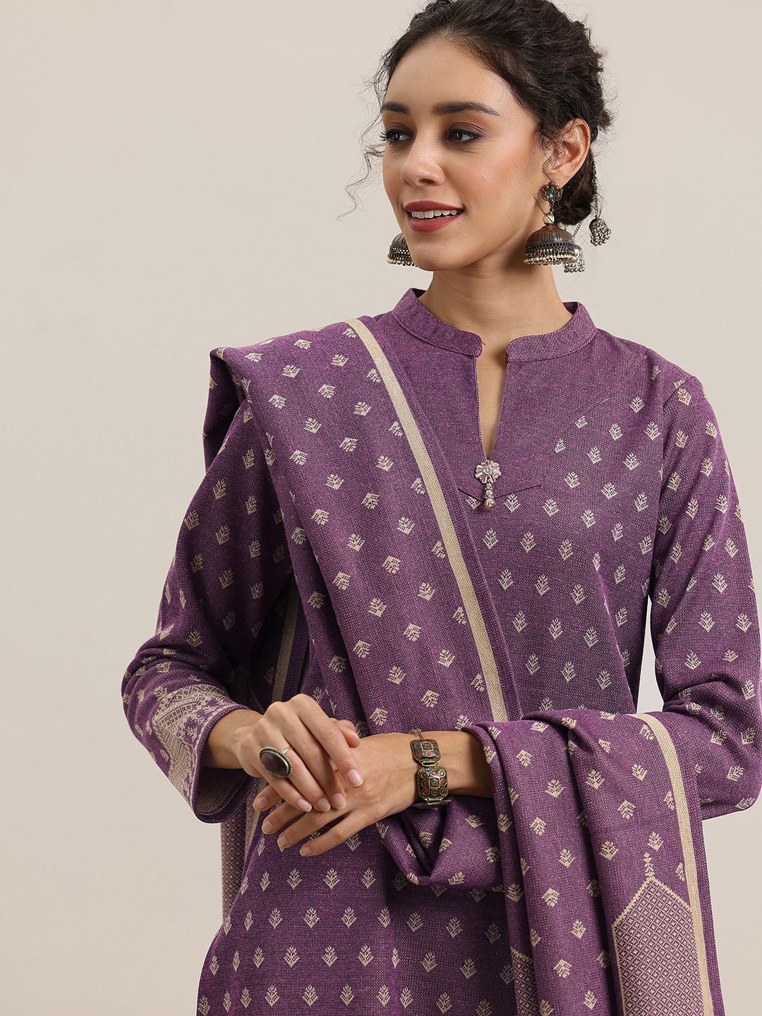 

Libas Ethnic Motifs Woven Design Mandarin Collar Kurta With Palazzos & Dupatta, Burgundy