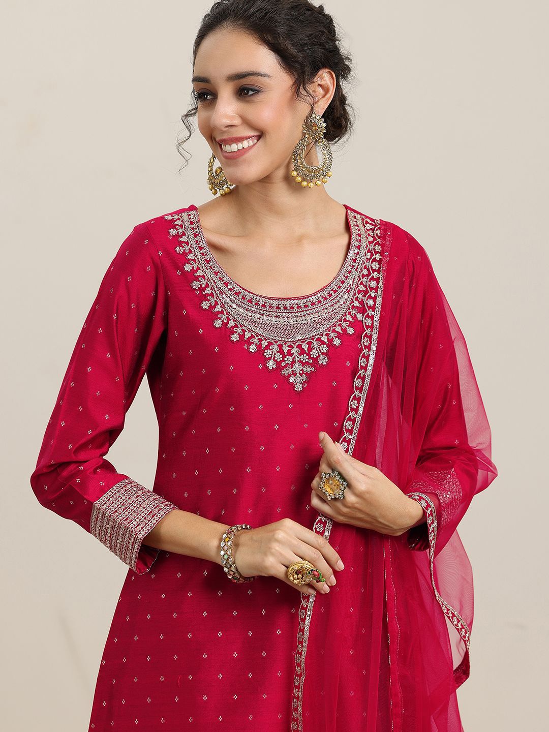 

Libas Ethnic Motifs Embroidered Kurta With Palazzos & Dupatta, Maroon