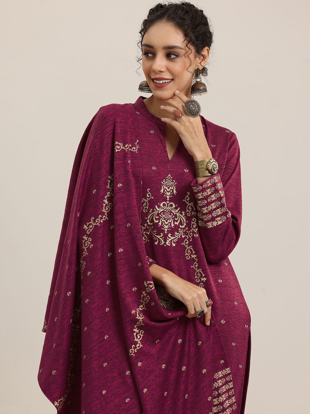

Libas Pink Ethnic Motifs Woven Design Mandarin Collar Kurta with Trousers & Dupatta