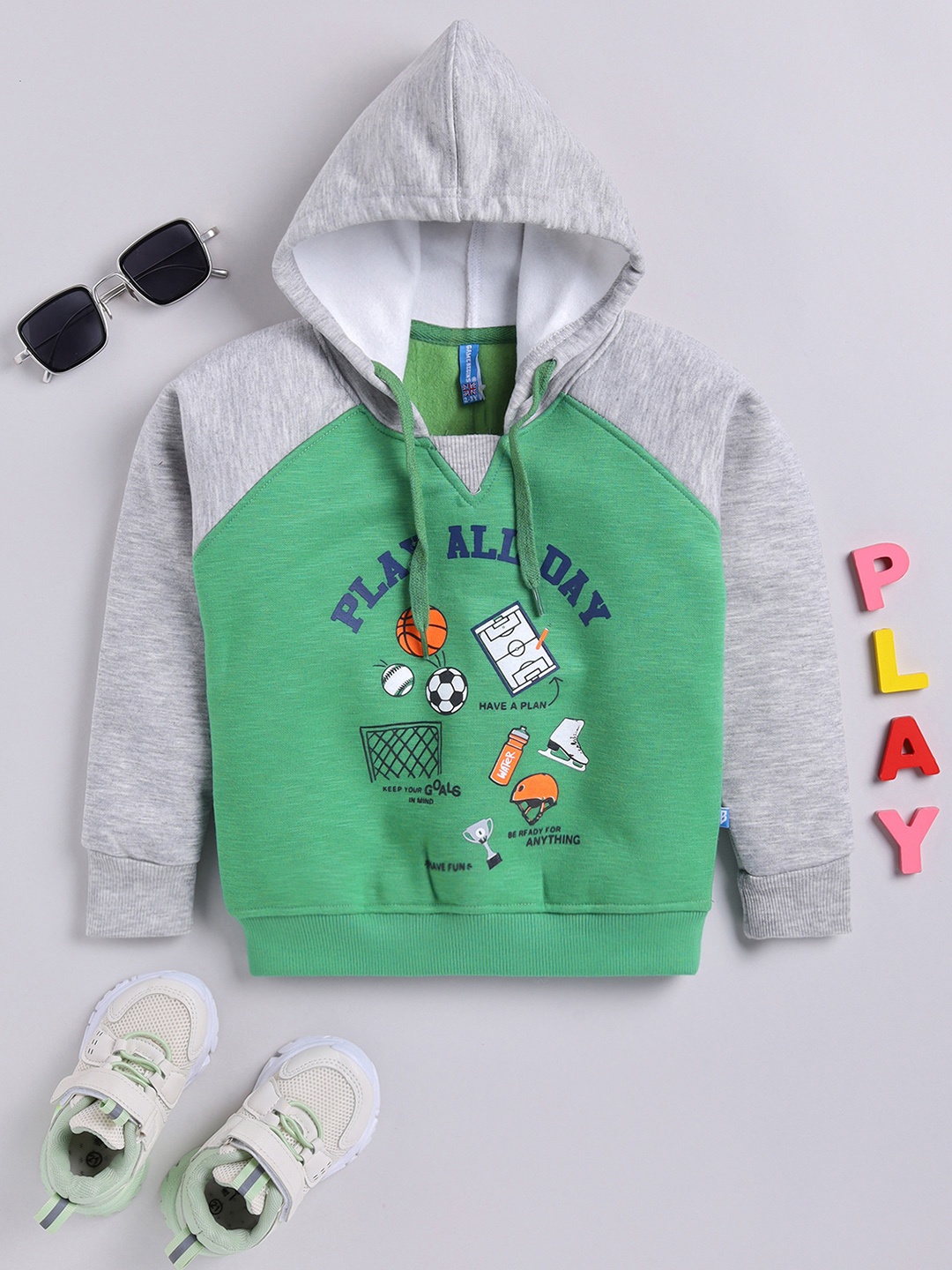 

Here&Now X Game Begins Boys Typography Printed Hooded Cotton Sweatshirt, Green