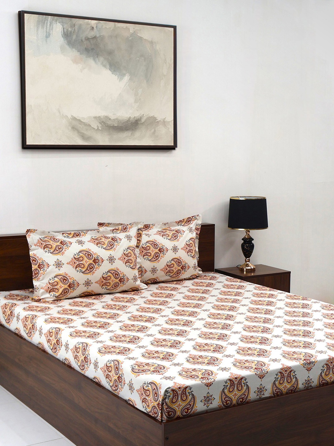 

BOMBAY DYEING Cardinal Brown Floral 120 TC Cotton King Bedsheet Set-2.74 m X 2.74 m