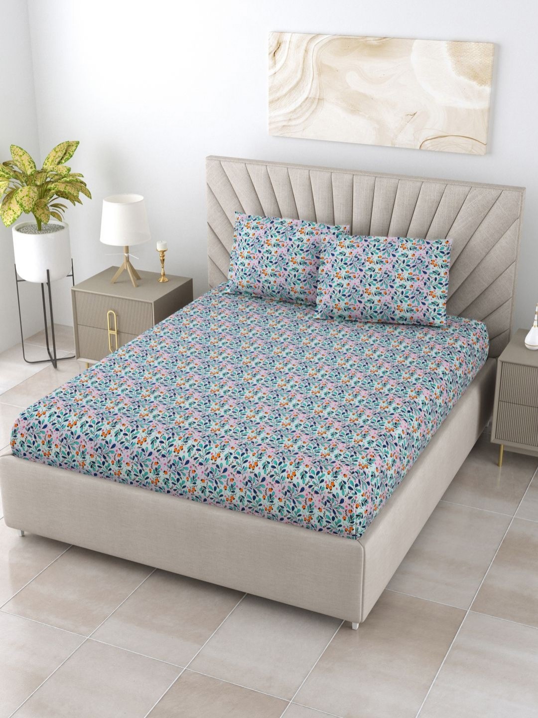 

BOMBAY DYEING Dream Lover Blue Floral Printed Cotton104 TC King Bedsheet Set 2.74 x 2.74m