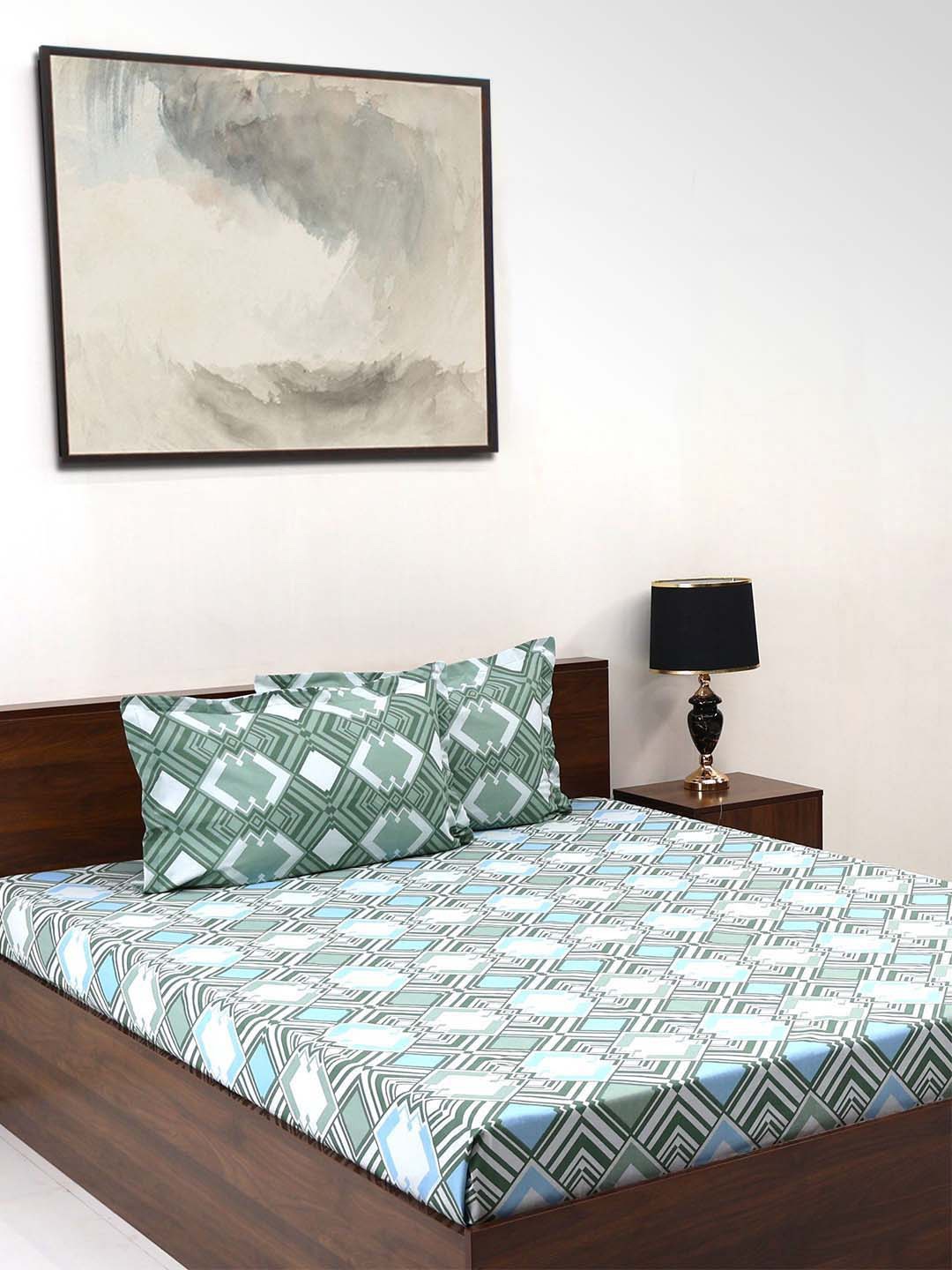 

BOMBAY DYEING Aster Olive Green Floral 100 TC Cotton Queen Bedsheet Set-2.24 m X 2.44 m