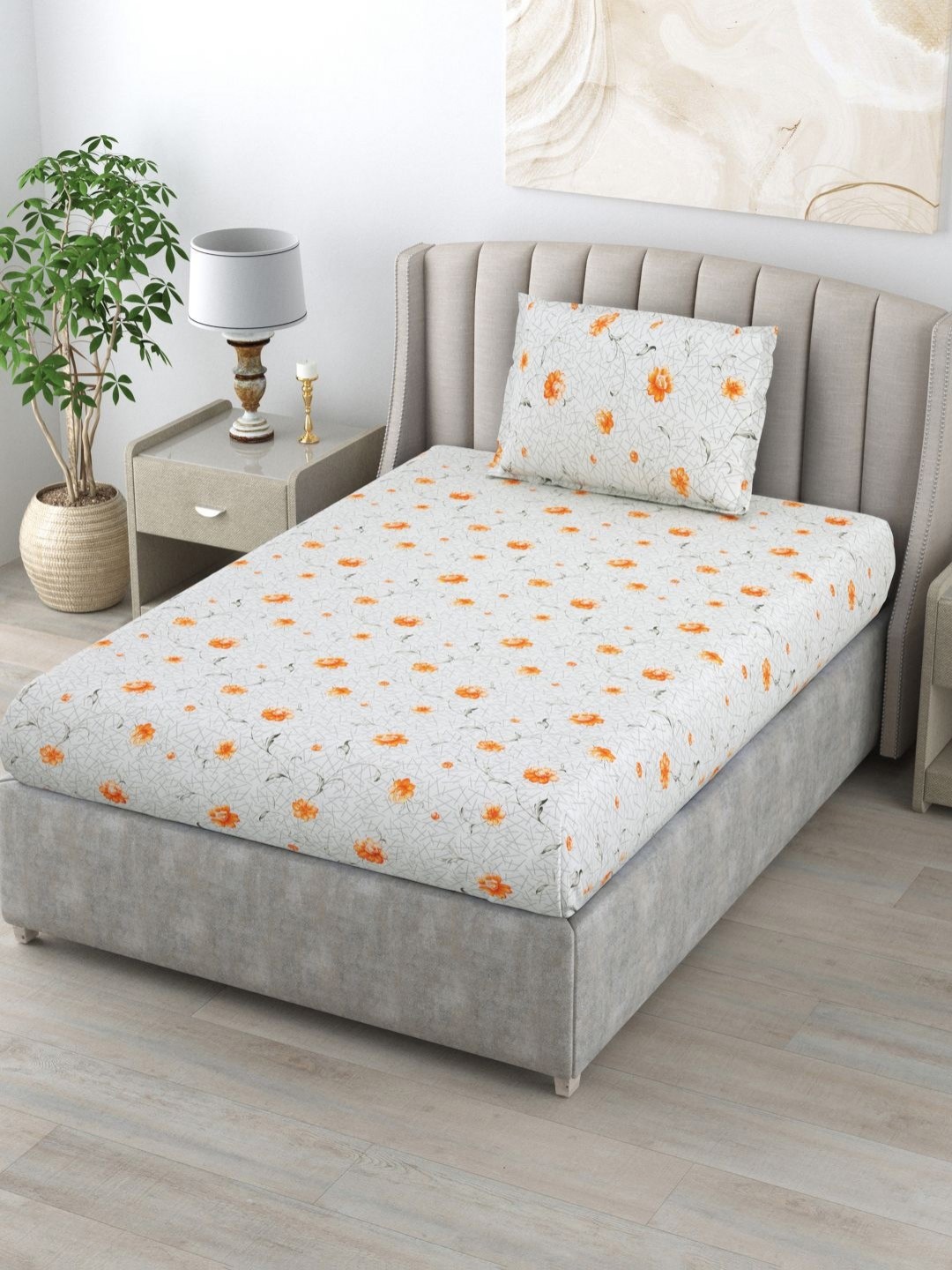

BOMBAY DYEING Dream Lover Grey Floral Cotton 104 TC Single Bedsheet Set 2.24 x 1.4 m