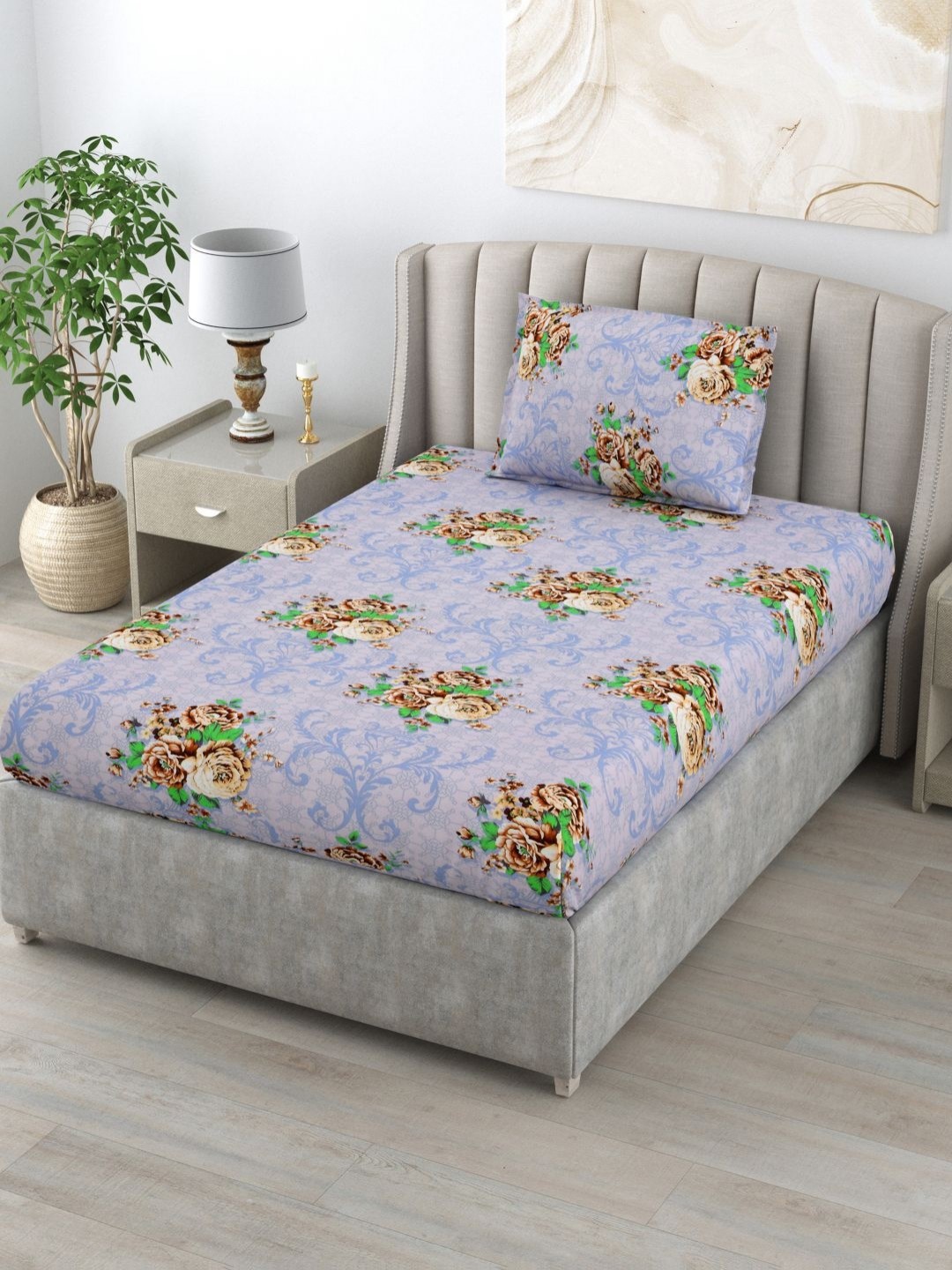 

BOMBAY DYEING Dream Lover Purple Floral Cotton 104 TC Single Bedsheet Set 2.24 x 1.4m