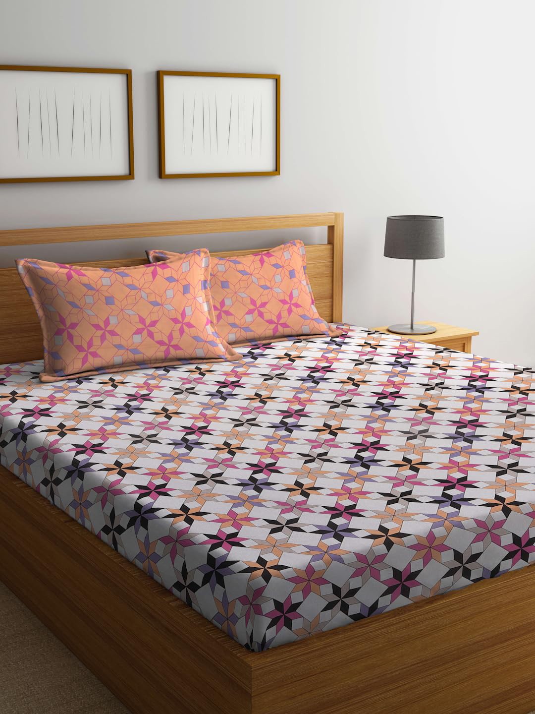 

BOMBAY DYEING Aster Blue Floral 100 TC Cotton Queen Bedsheet Set-2.24 m X 2.44 m, Orange