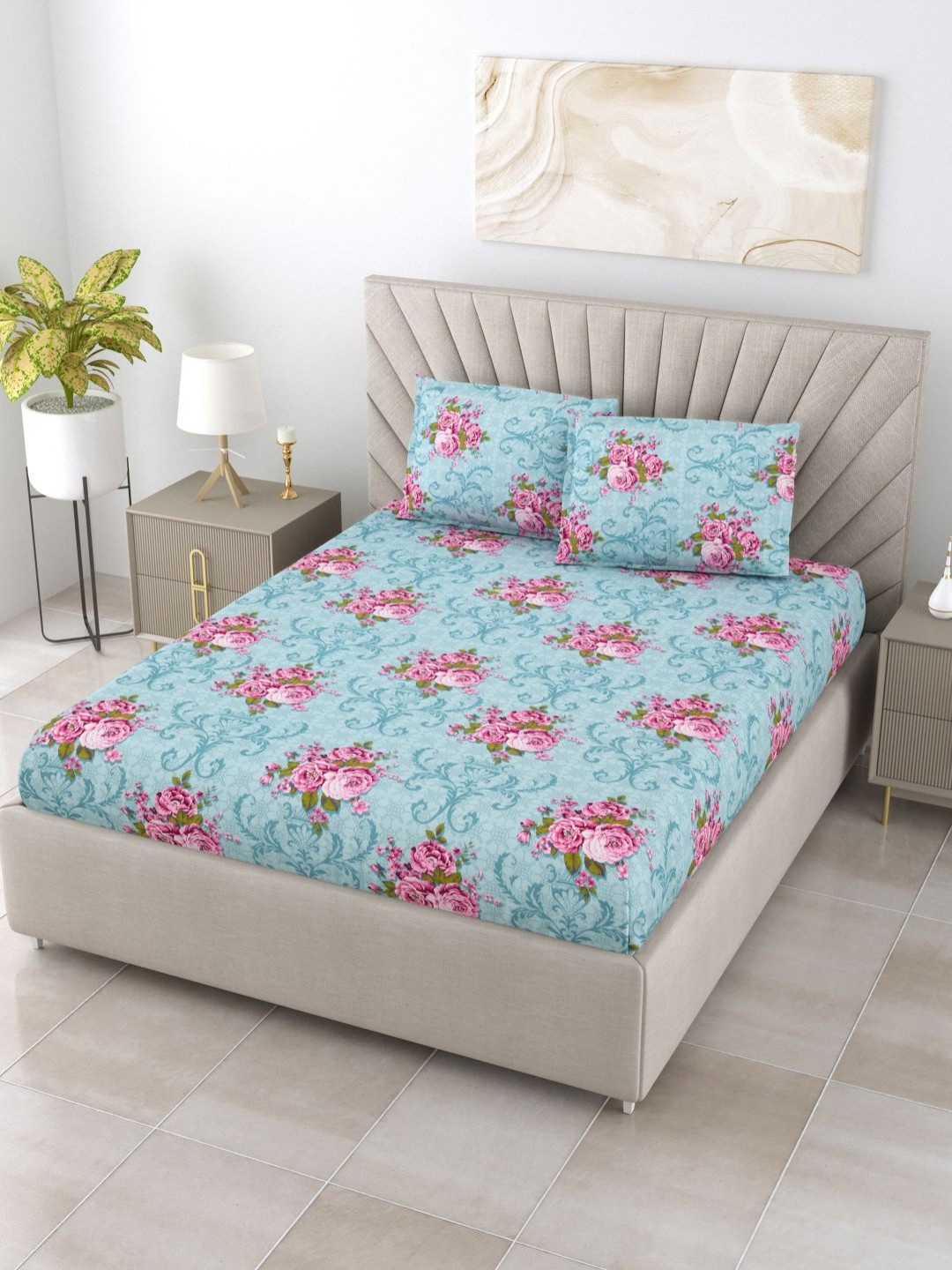 

BOMBAY DYEING Dream Lover Turquoise Blue Floral Cotton 104TC King Bedsheet Set2.74 x 2.74m